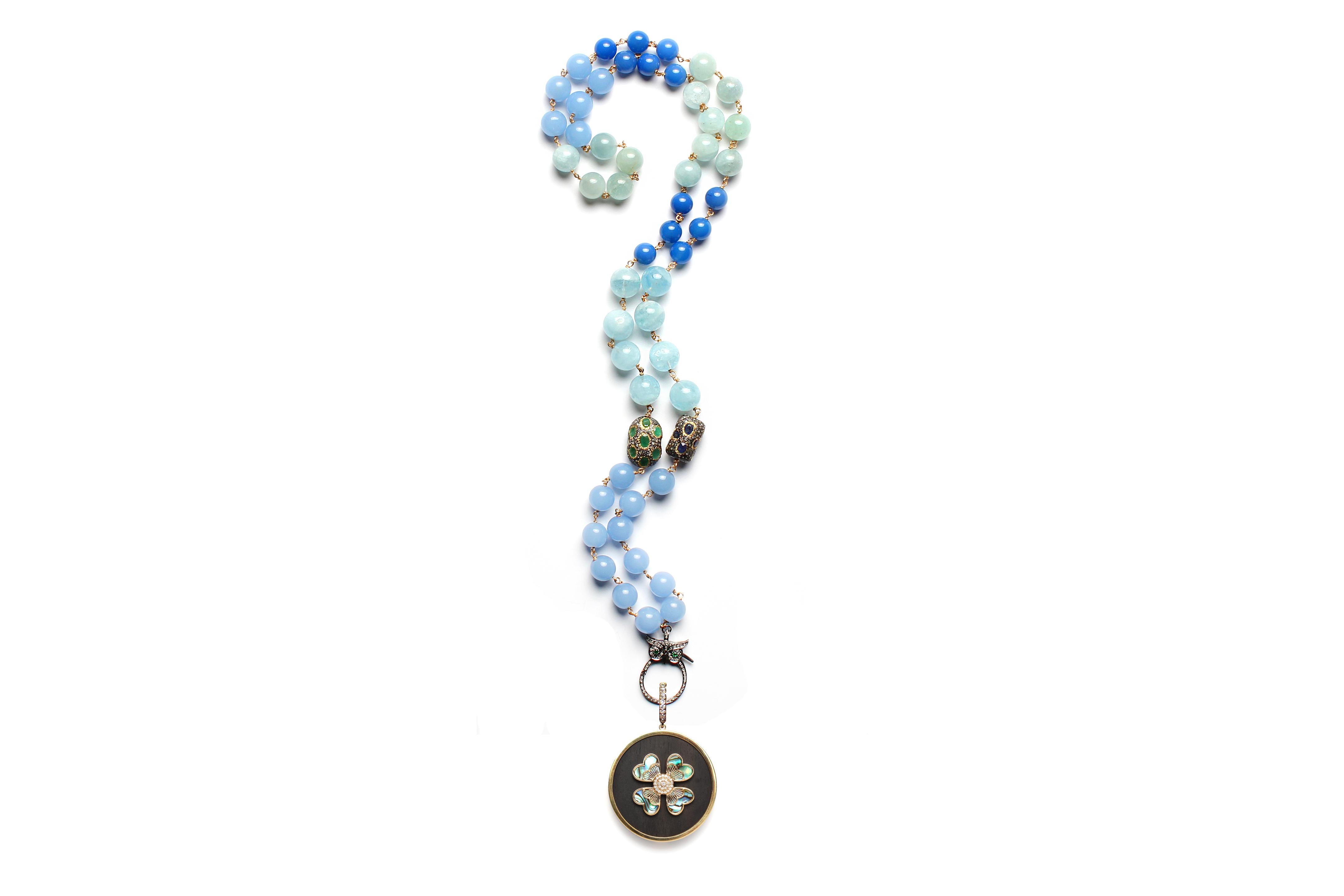 Clarissa Bronfman Aquamarine Diamond Rosary & Gold Mother-of- Pearl Ebony Pendan 4