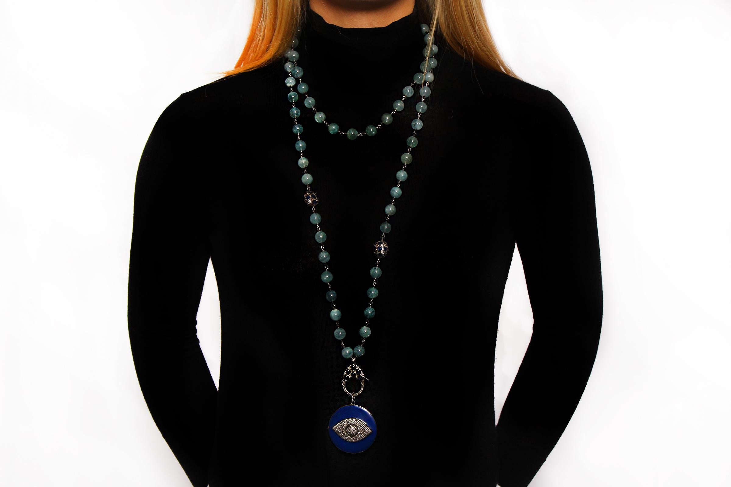 Clarissa Bronfman Aquamarine, Sapphire, Diamond, Enamel Beaded Necklace In New Condition In New York, NY