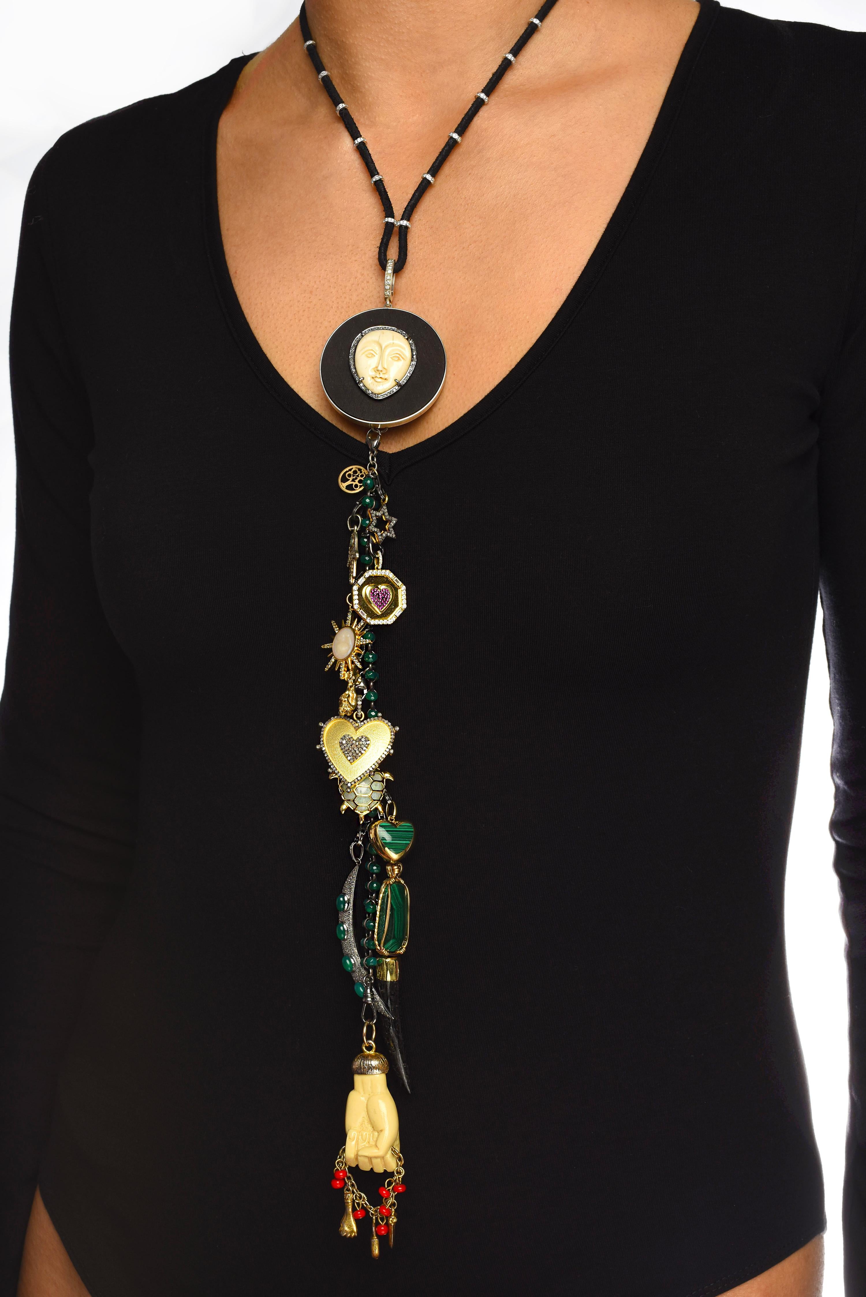 Mixed Cut Clarissa Bronfman Artemis ii Emerald Gold Diamond Malachite Symbol Tree Necklace For Sale