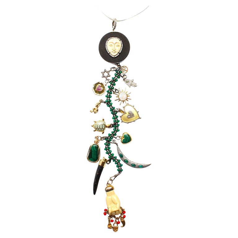 Clarissa Bronfman Artemis ii Emerald Gold Diamond Malachite Symbol Tree Necklace For Sale