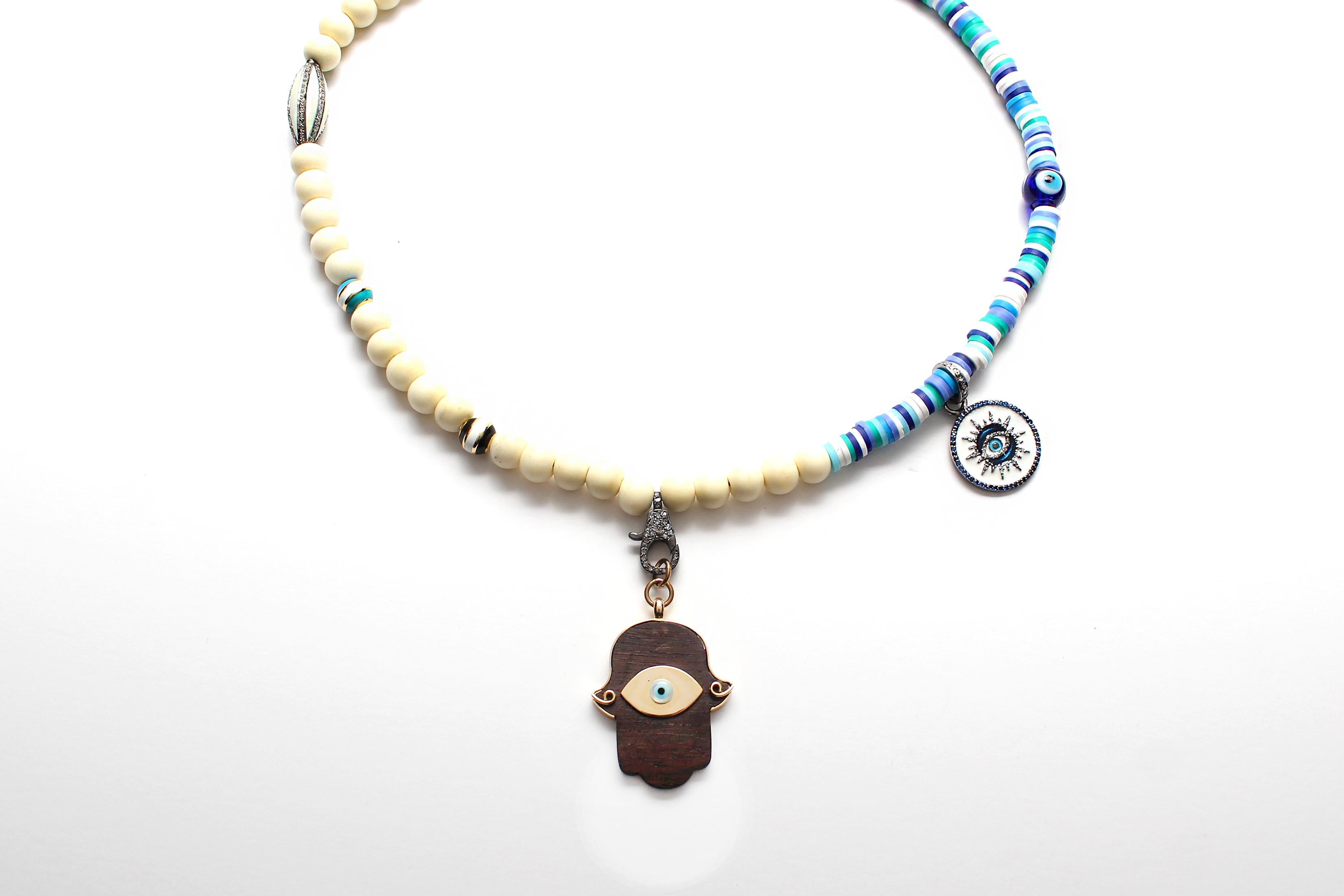 Women's or Men's CLARISSA BRONFMAN Asymmetrical Blue Ivory Sapphire Diamond Necklace & EbonyHamsa For Sale