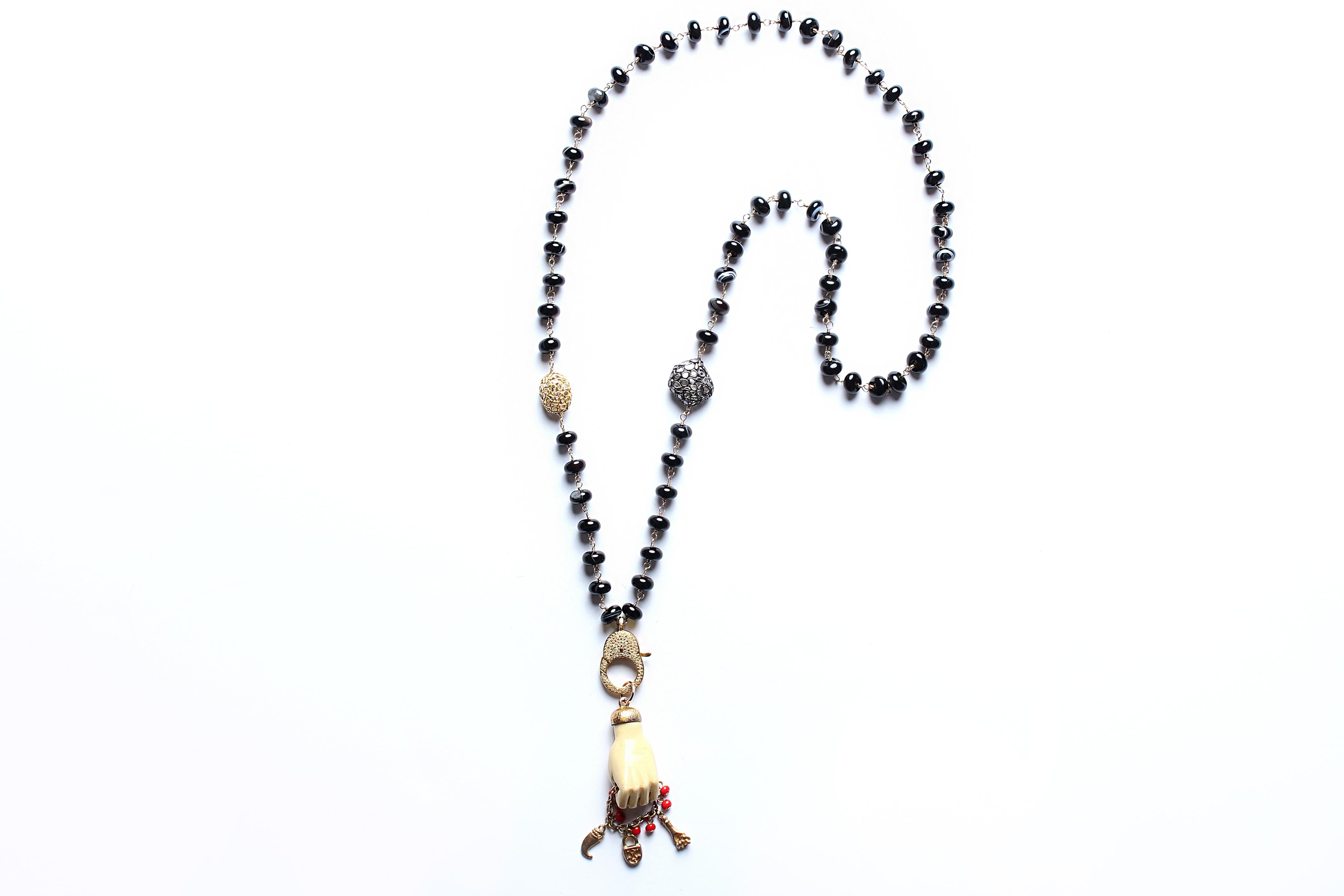 Contemporary Clarissa Bronfman Black Agate 14k Diamond Enamel Figo Mano Pendant Rosary