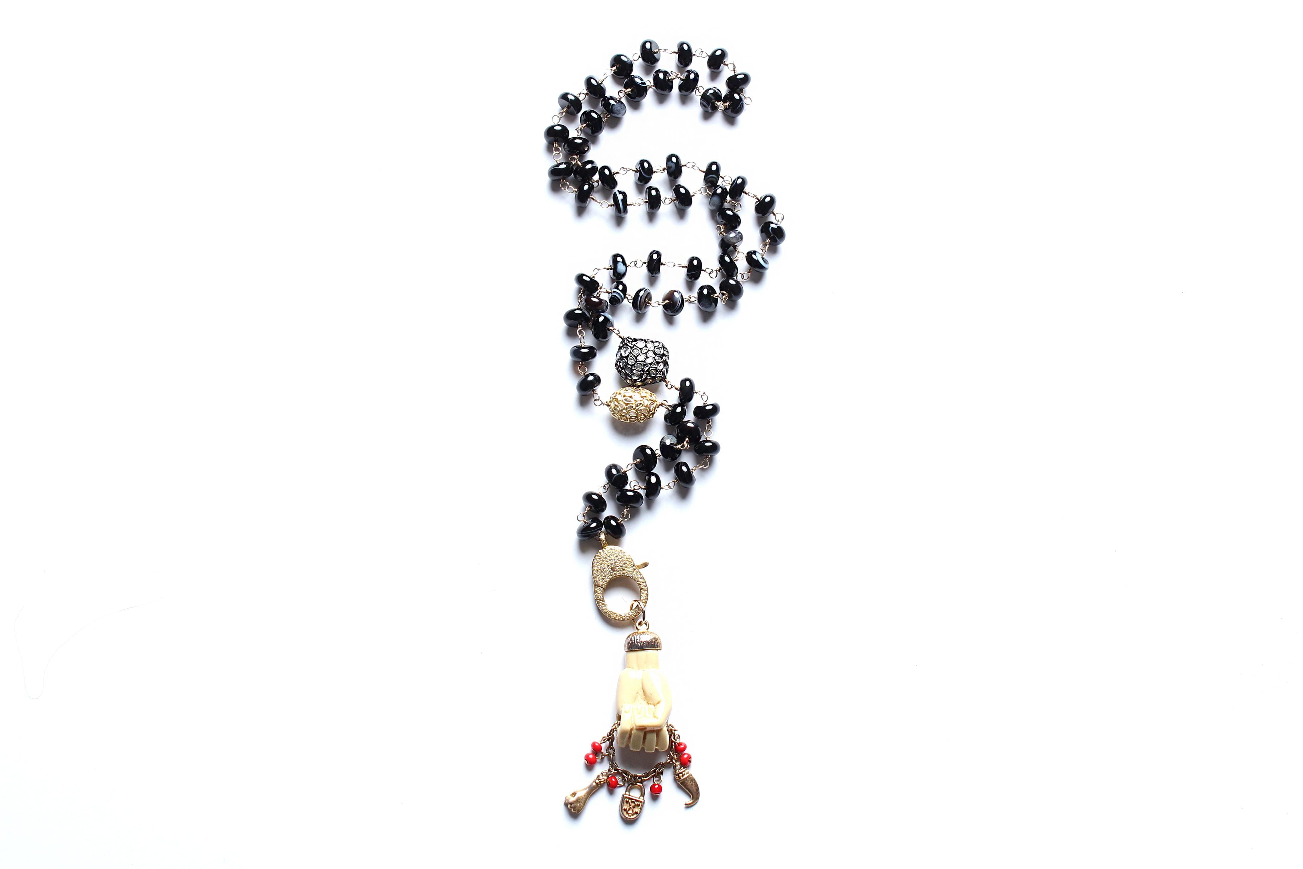 Uncut Clarissa Bronfman Black Agate 14k Diamond Enamel Figo Mano Pendant Rosary