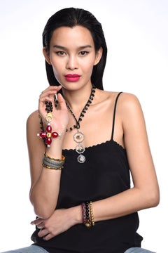 Clarissa Bronfman Black Agate 14kgold Ruby Citrine Diamond 4 Leaf Flower Rosary