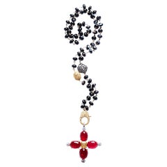 Clarissa Bronfman Black Agate 14kgold Ruby Citrine Diamond 4 Leaf Flower Rosary