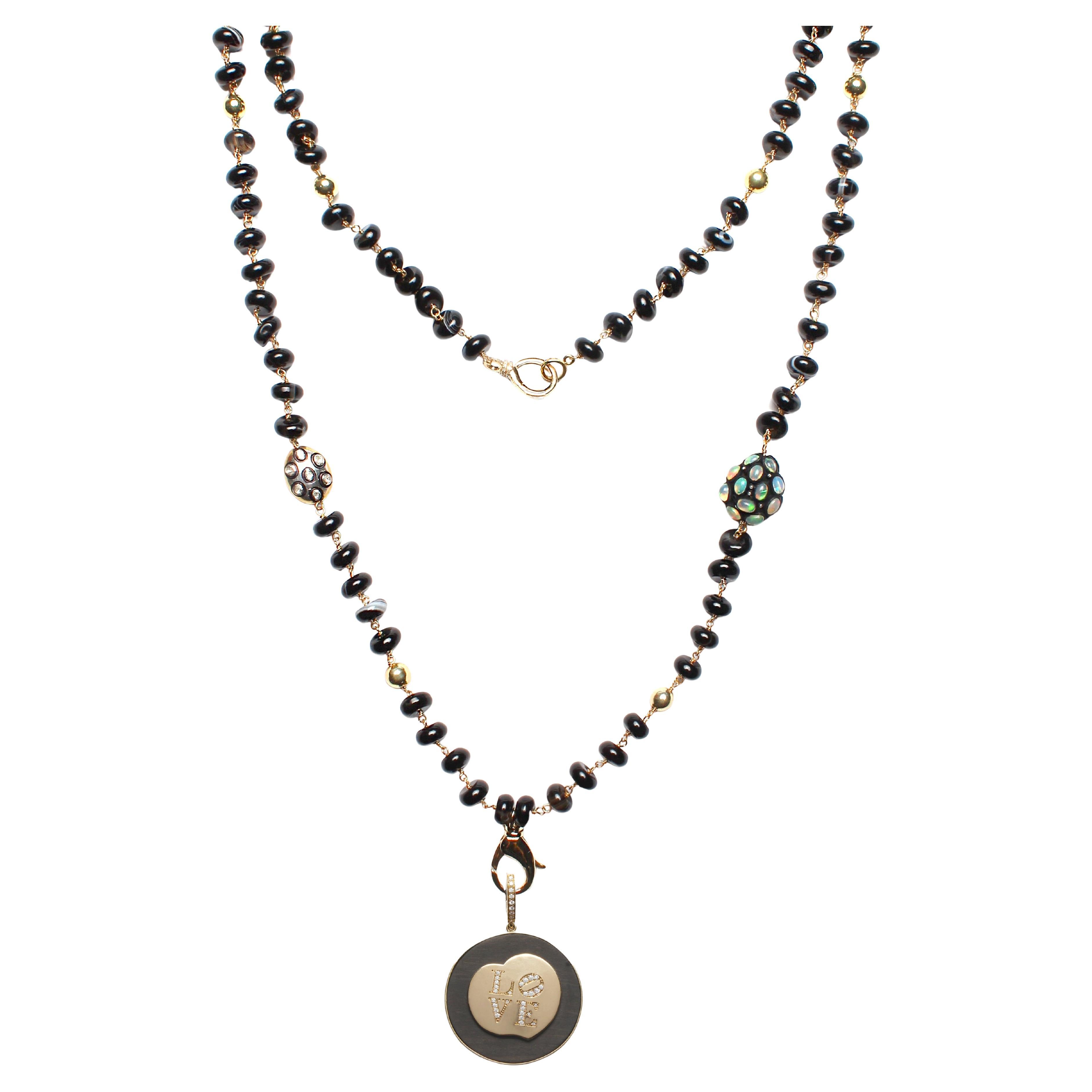 CLARISSA BRONFMAN Schwarzer Achat Carmen-Halskette 14kg Gold Diamant Ebenholz LOVE-Anhänger