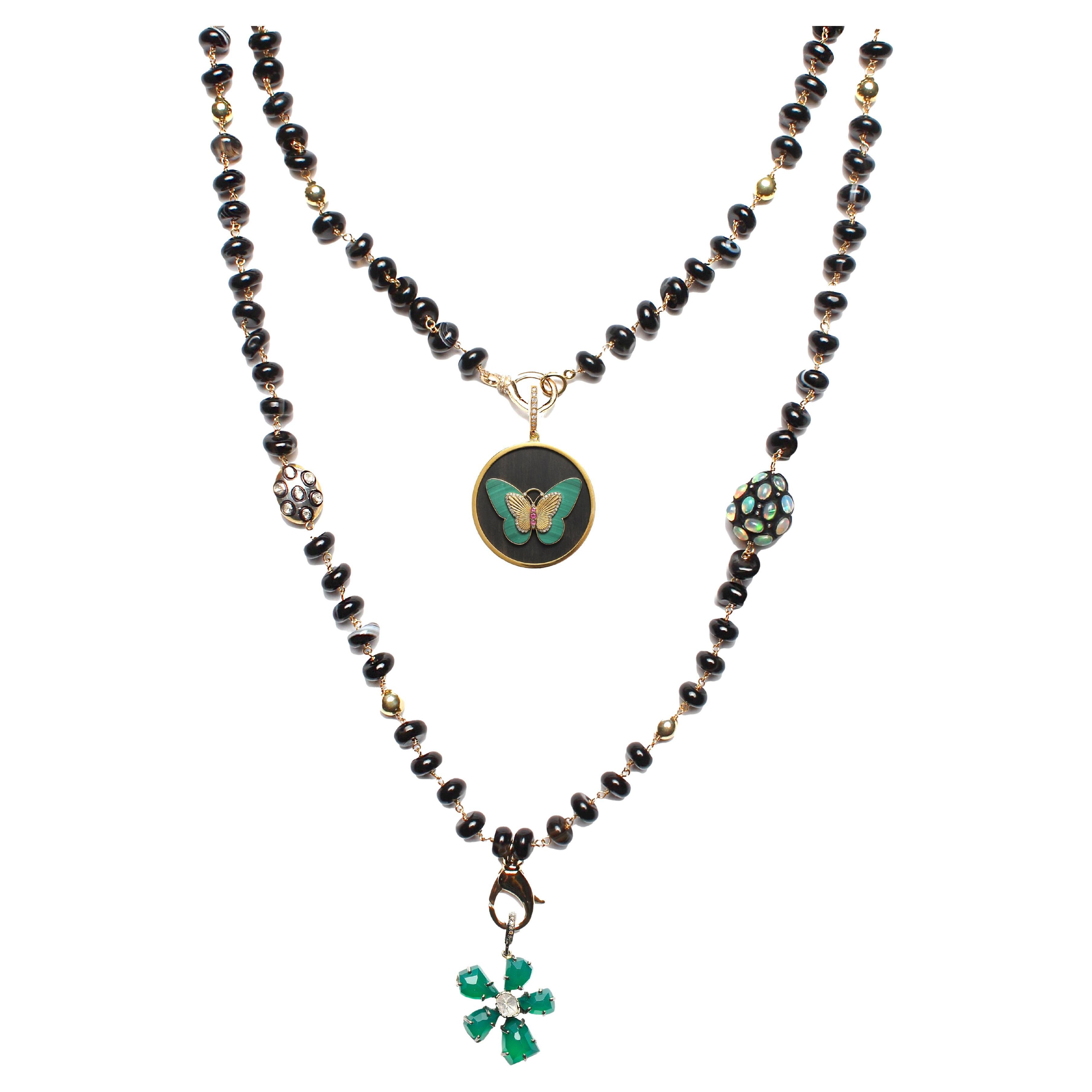 CLARISSA BRONFMAN Black Agate "Carmen" Necklace  Ebony Gold Malachite Butterfly