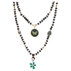 CLARISSA BRONFMAN Black Agate "Carmen" Necklace  Ebony Gold Malachite Butterfly