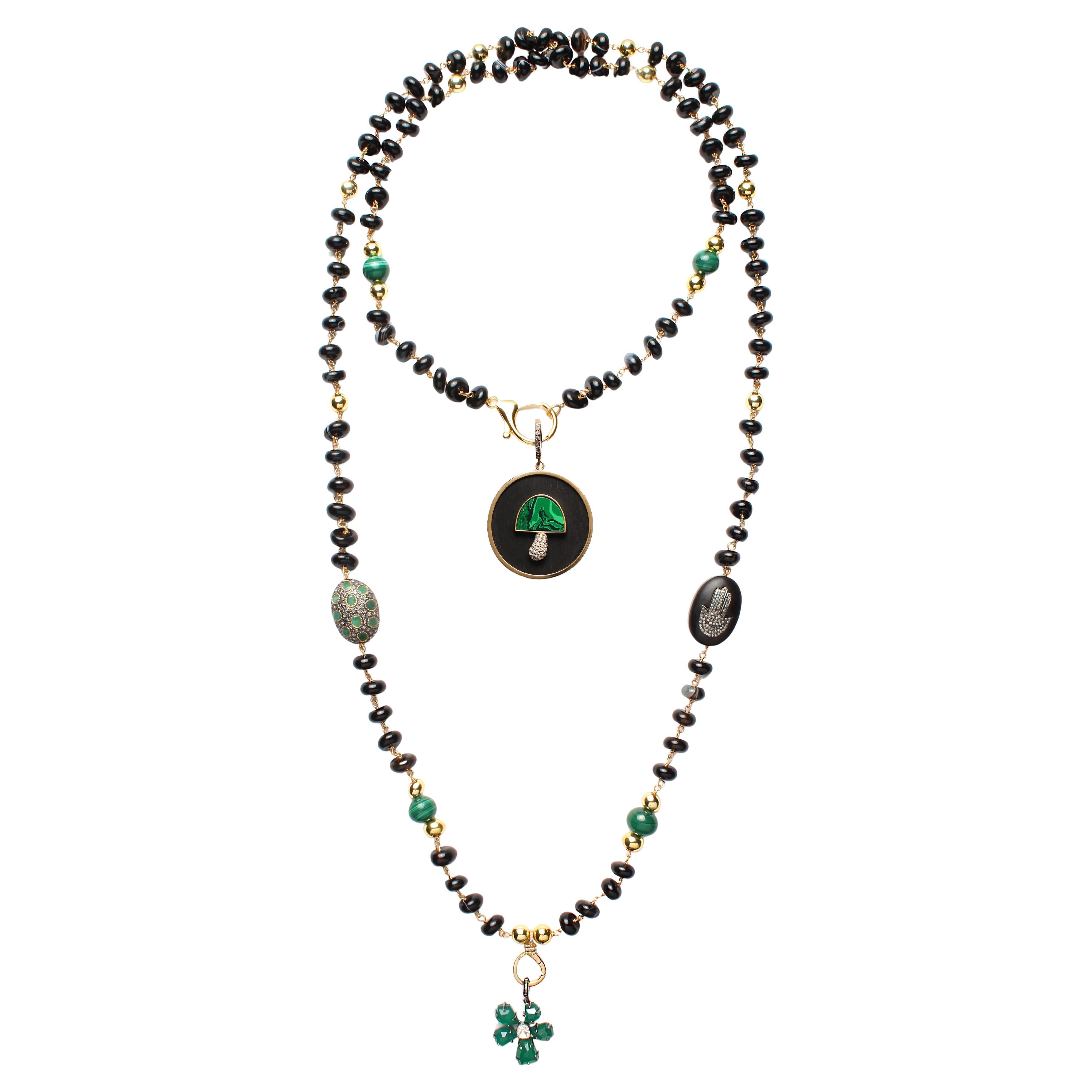 CLARISSA BRONFMAN Black Agate Malachite "Carmen" Necklace Mushroom Ebony Charms