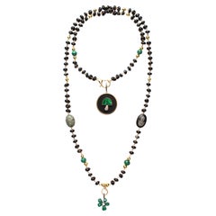 CLARISSA BRONFMAN Black Agate Malachite "Carmen" Necklace Mushroom Ebony Charms