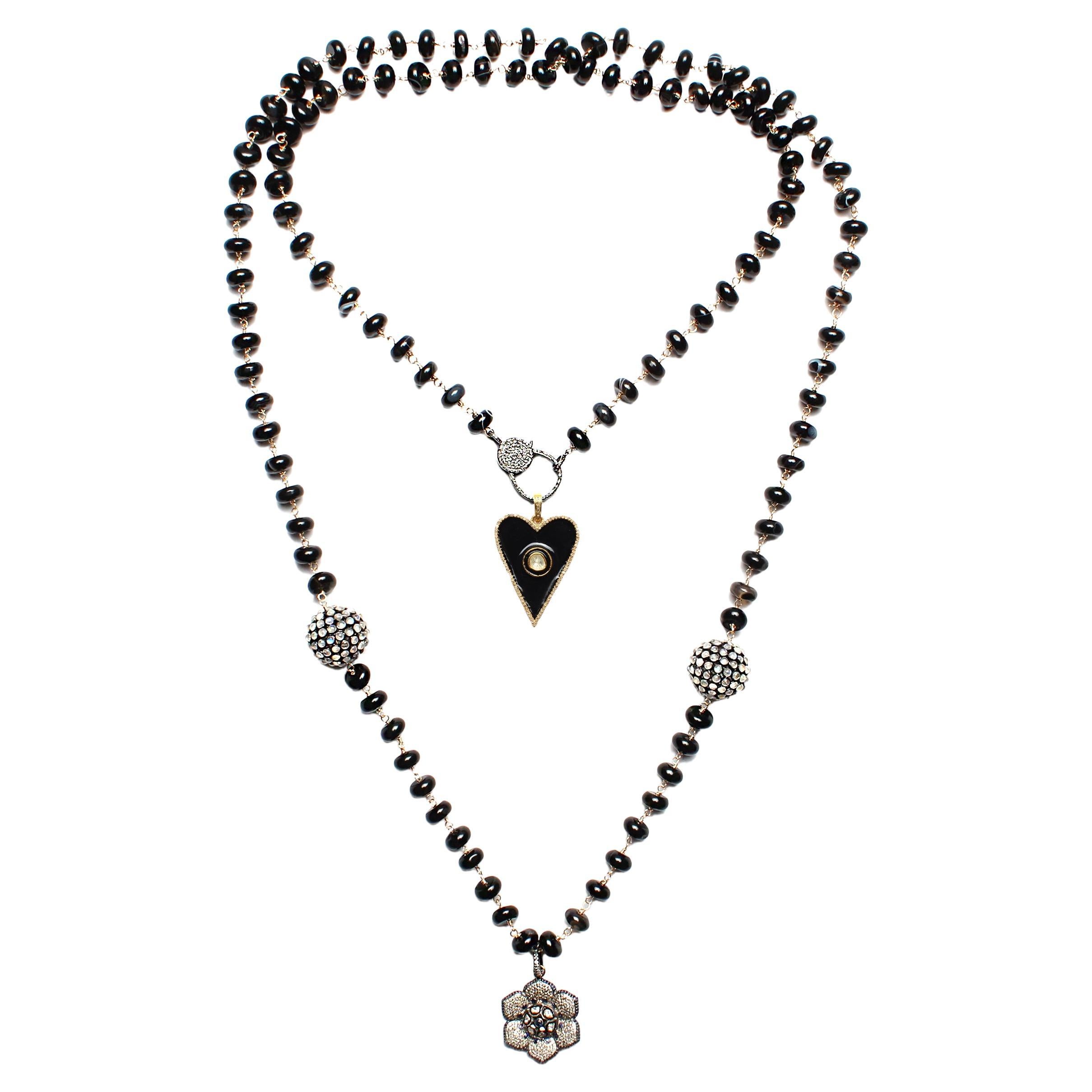 Clarissa Bronfman Black Agate Opal Diamond Rosary 
Polki Emerald Flower Heart