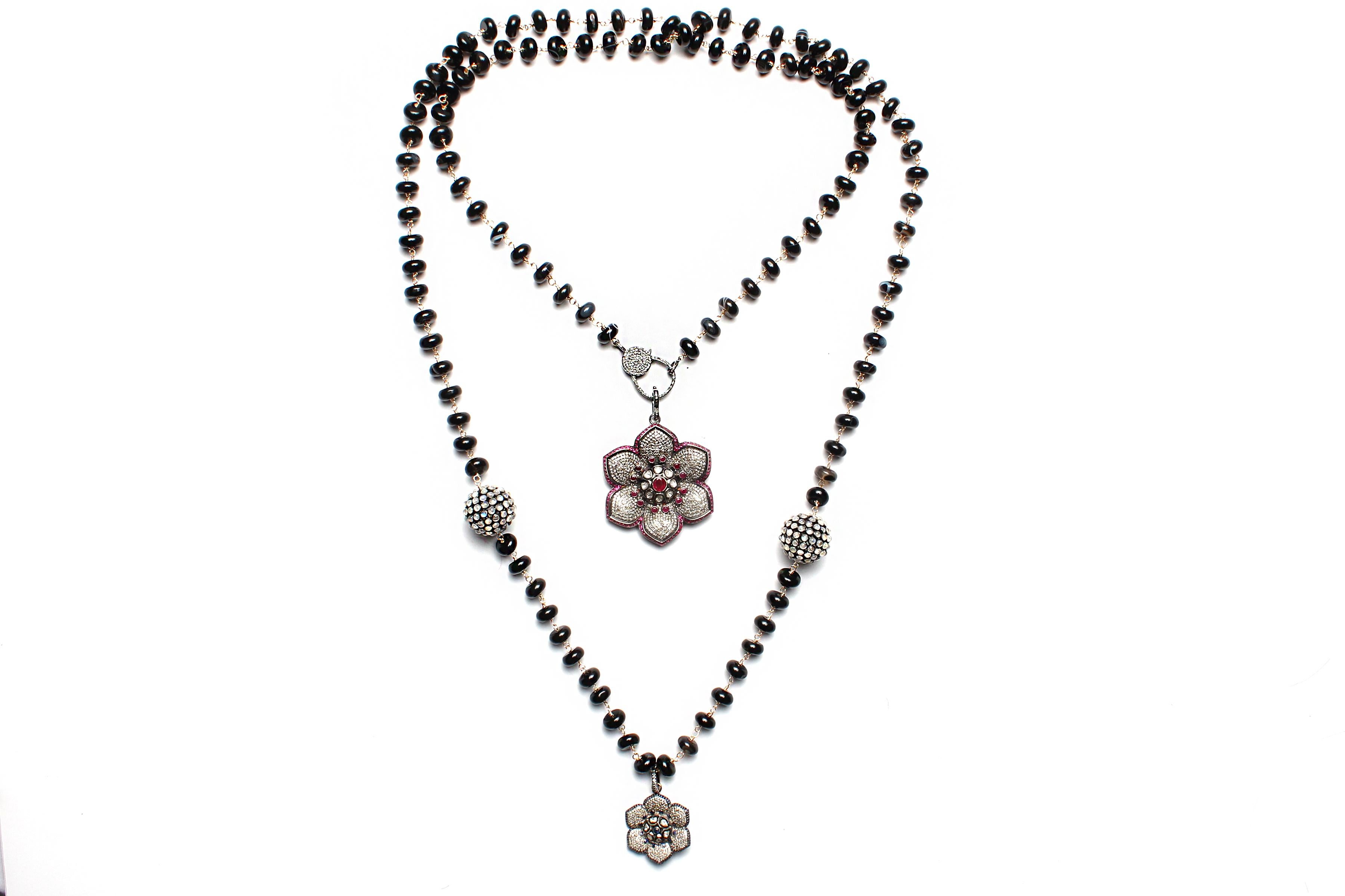 Clarissa Bronfman Black Agate Opal Diamond Ruby Sapphire Flower Pendant Rosary  In New Condition In New York, NY