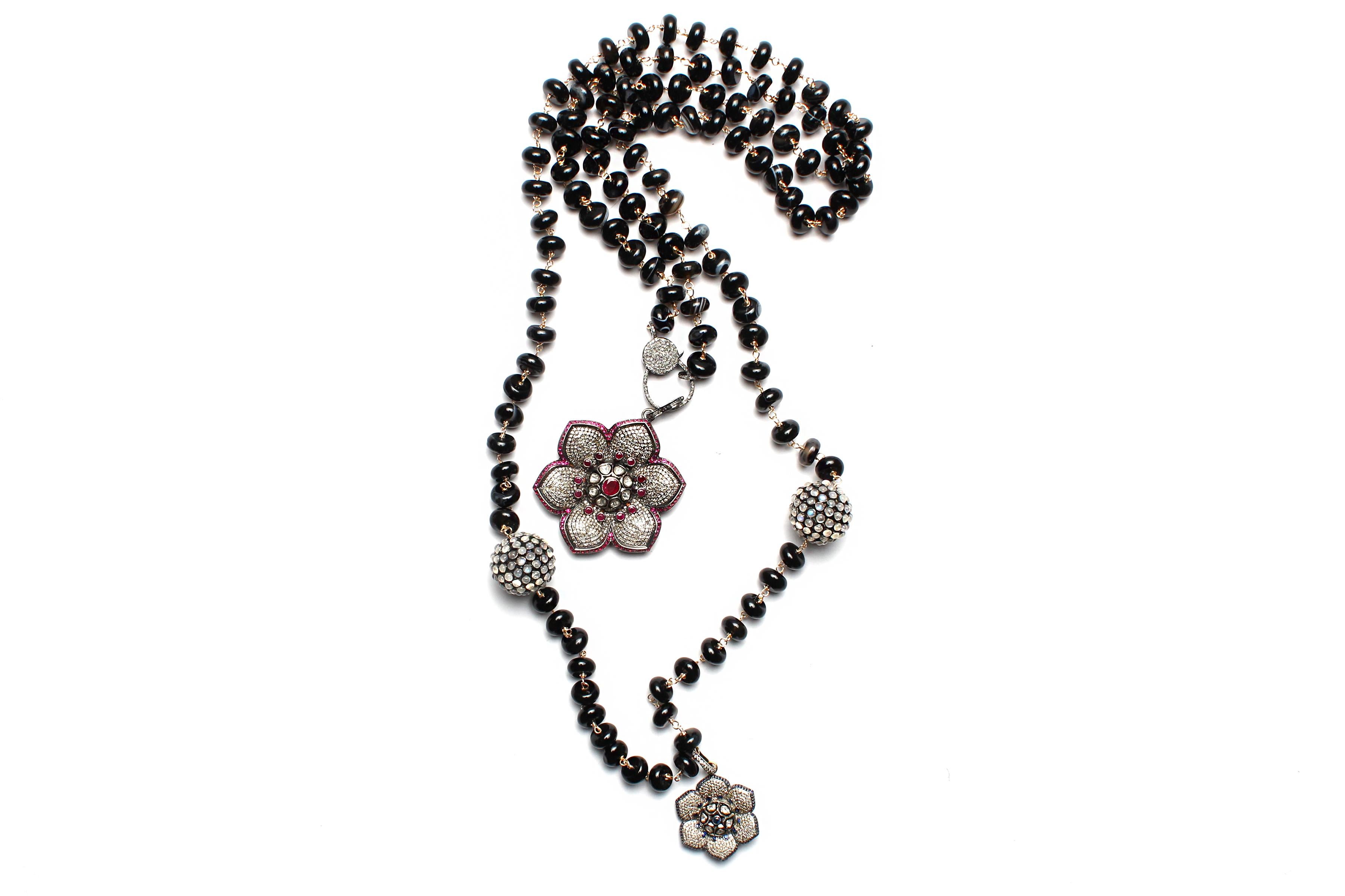 Clarissa Bronfman Black Agate Opal Diamond Ruby Sapphire Flower Pendant Rosary  1