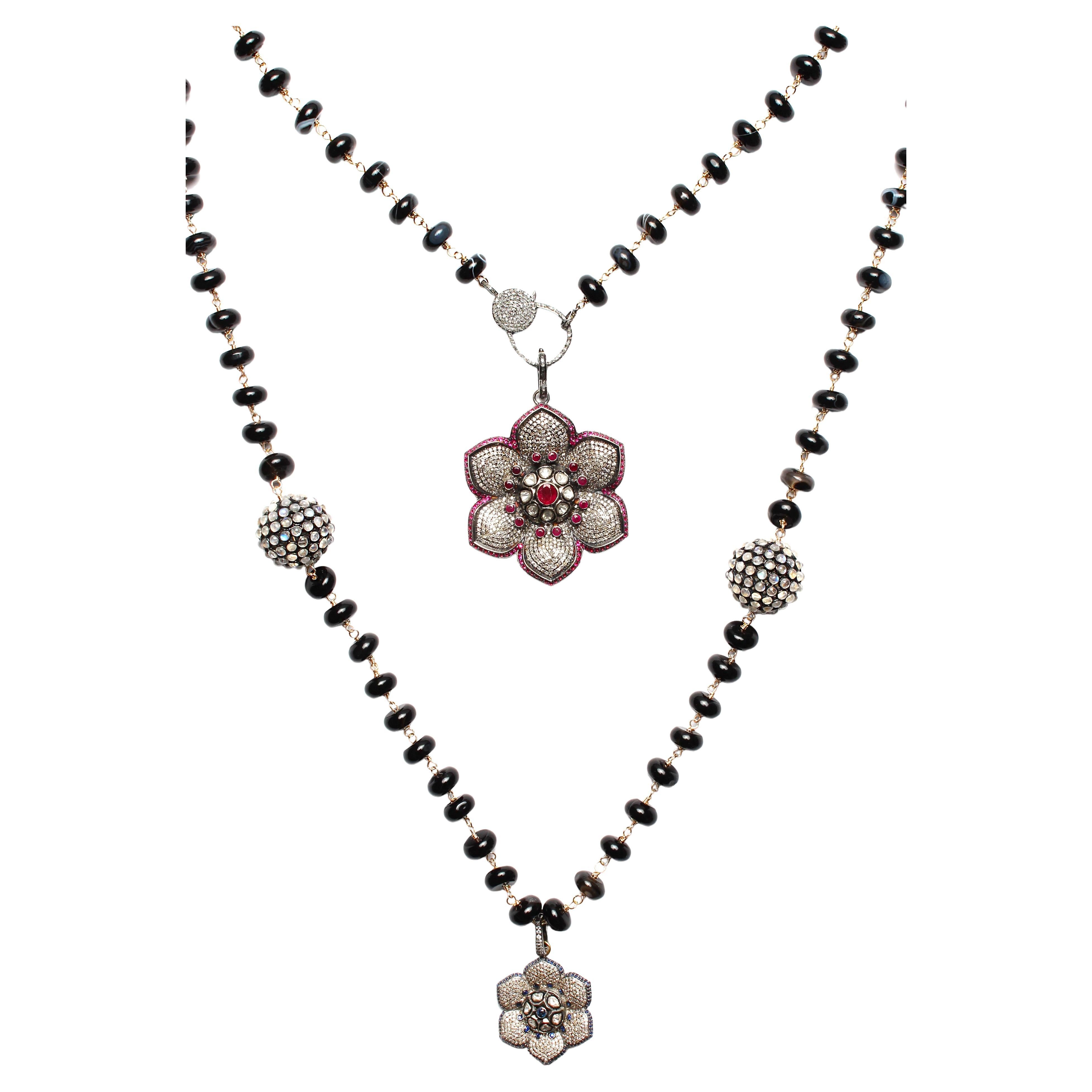 Clarissa Bronfman Black Agate Opal Diamond Ruby Sapphire Flower Pendant Rosary 