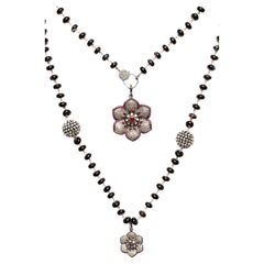Clarissa Bronfman Black Agate Opal Diamond Ruby Sapphire Flower Pendant Rosary