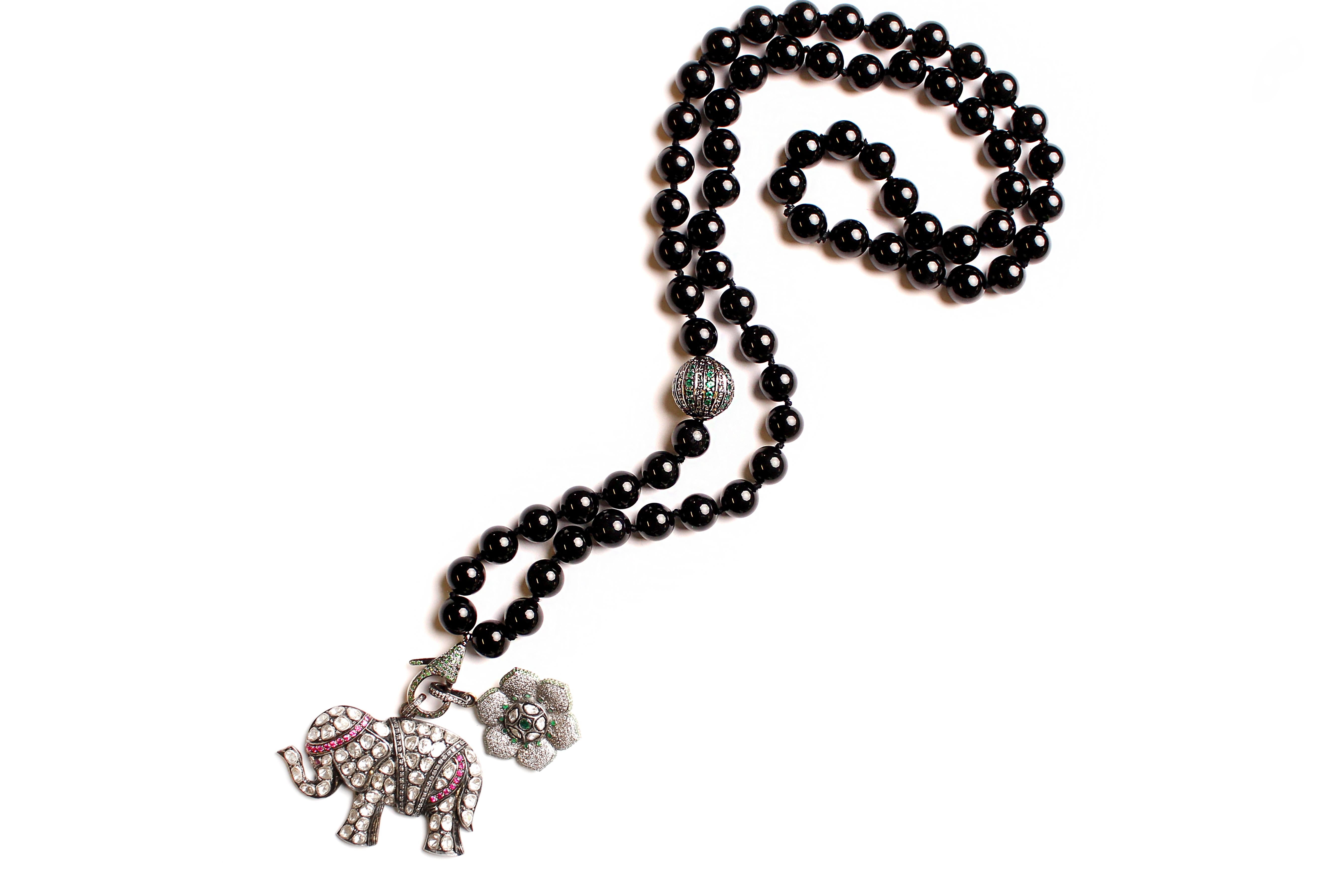 Contemporary Clarissa Bronfman Black Onyx, Rosecut Diamond, Ruby, Silver, Emerald Necklace