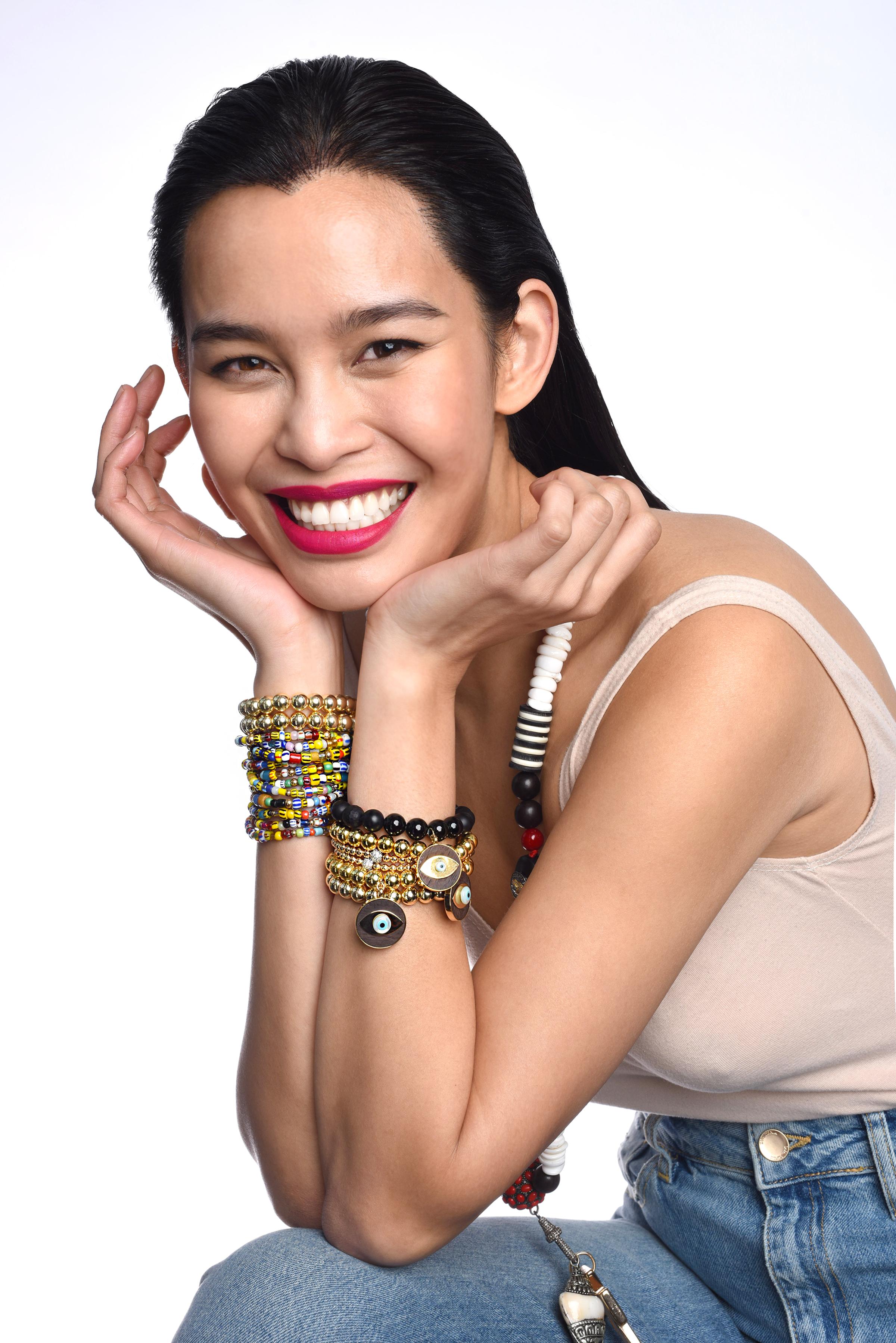 Contemporary CLARISSA BRONFMAN Blue Agate Ebony Evil Eye & 2 Hematite 14k Gold Bracelet Set For Sale