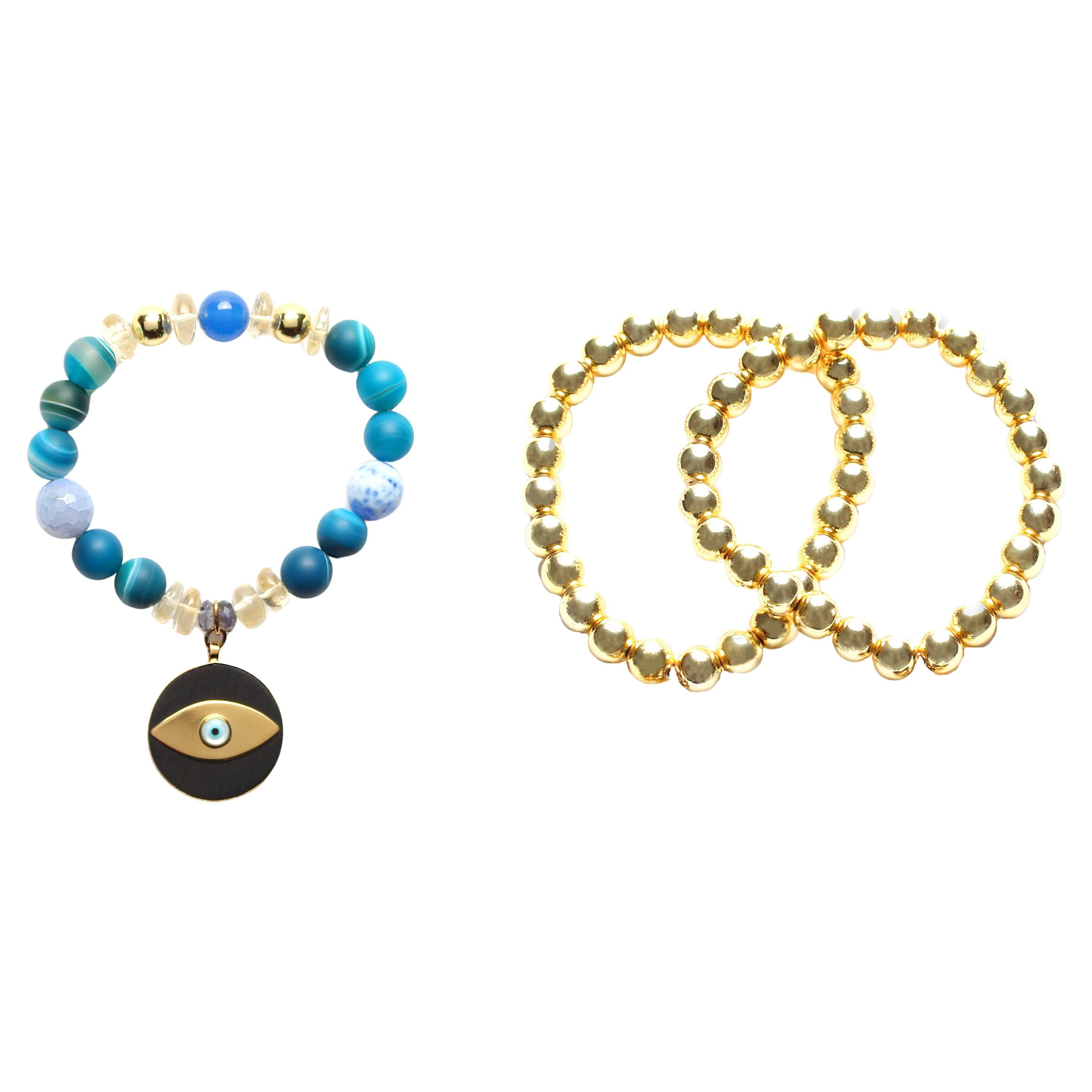 CLARISSA BRONFMAN Blue Agate Ebony Evil Eye & 2 Hematite 14k Gold Bracelet Set For Sale