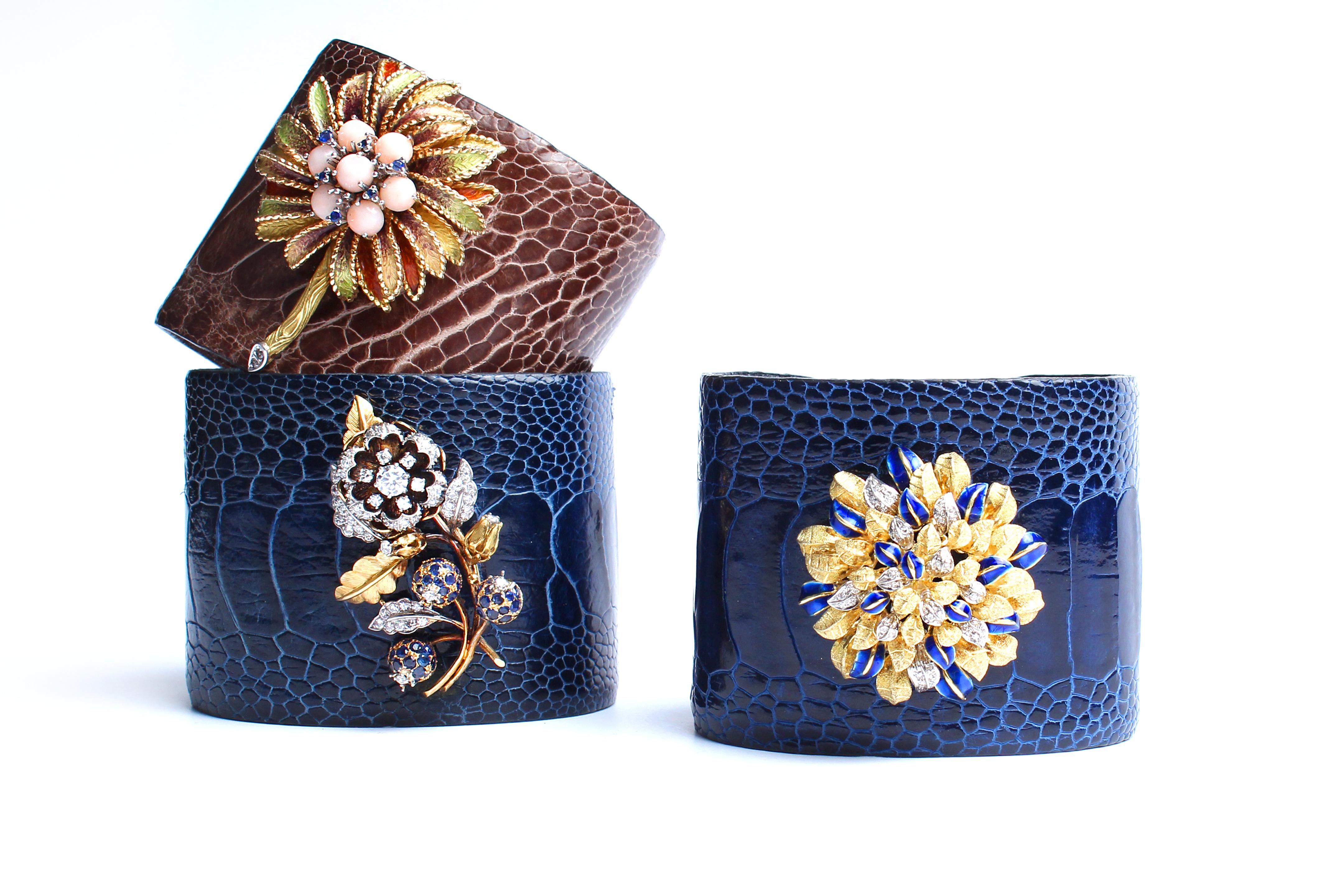 Clarissa Bronfman Blue Crocodile 14 Karat Gold Enamel Flower Bush Cuff Bracelet For Sale 1