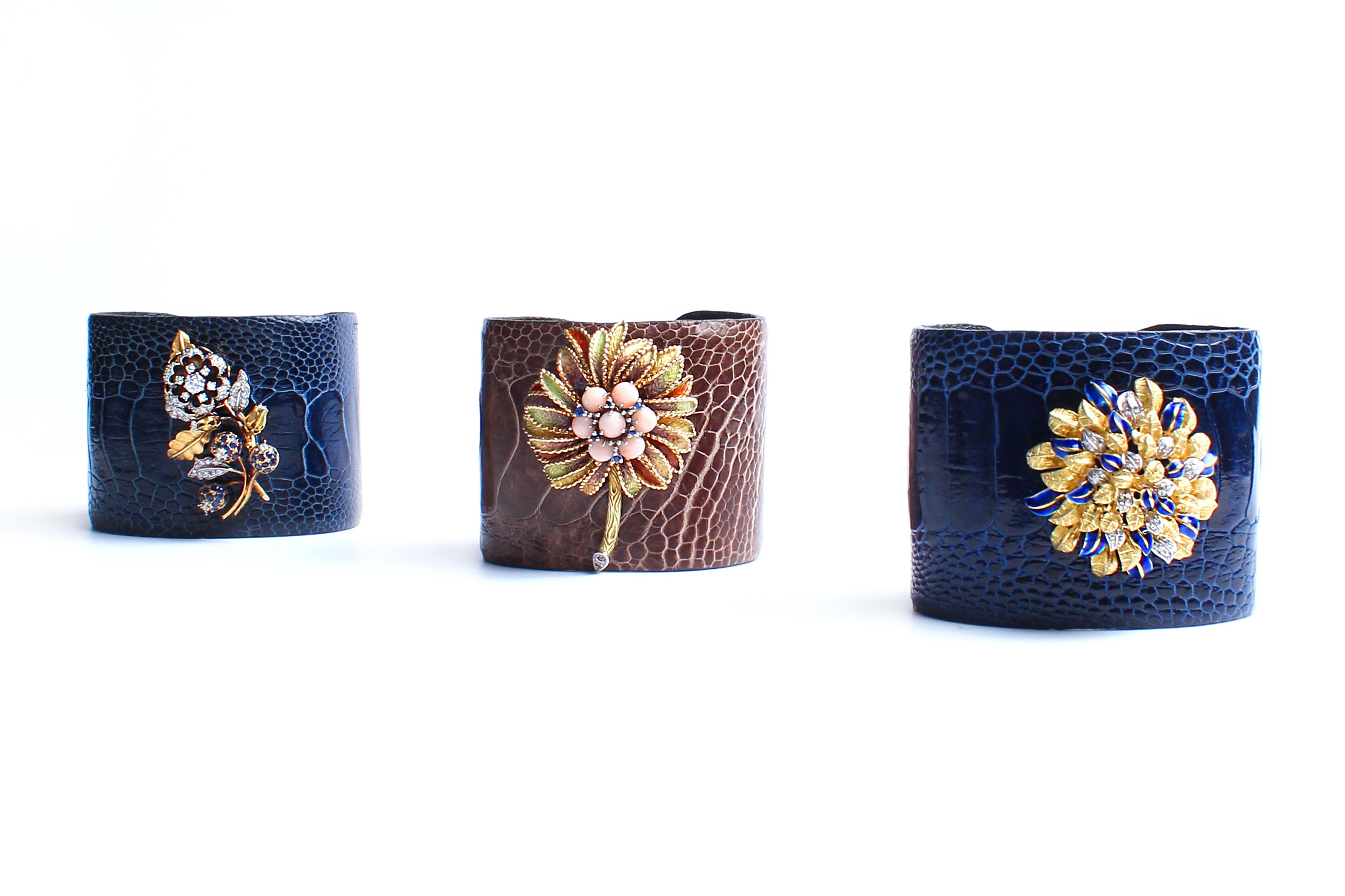 Clarissa Bronfman Blue Crocodile 14 Karat Gold Enamel Flower Bush Cuff Bracelet For Sale 6