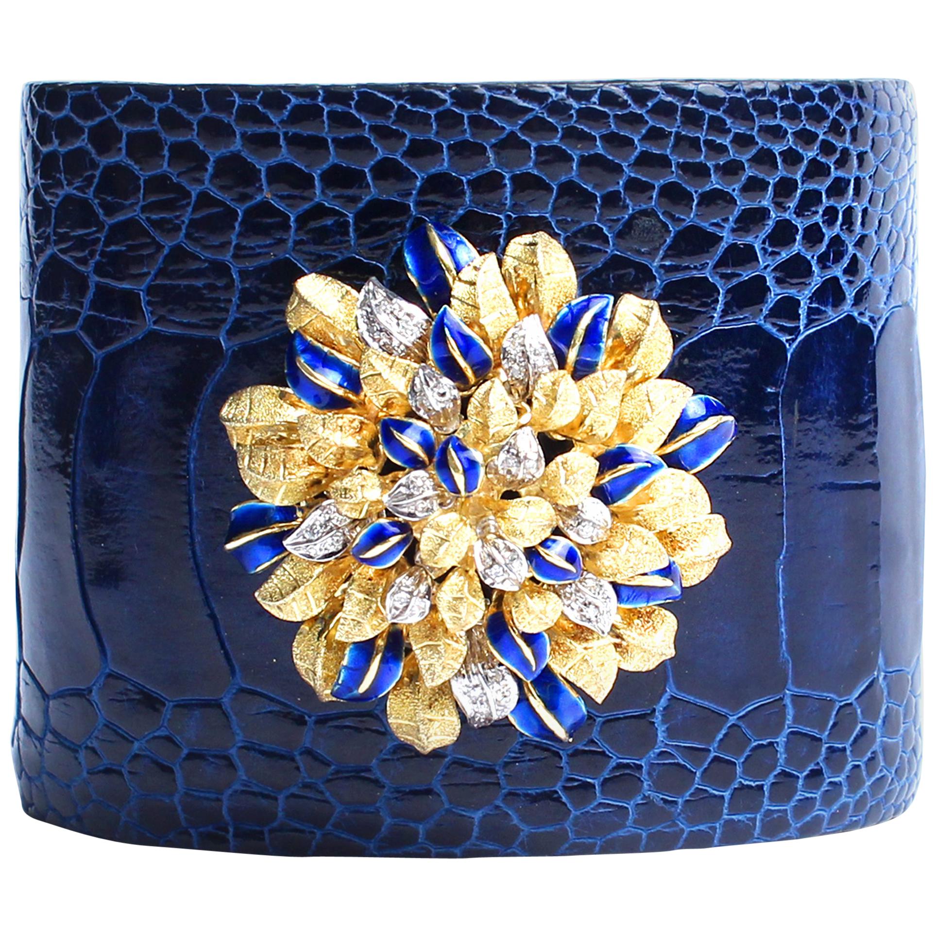 Clarissa Bronfman Blue Crocodile 14 Karat Gold Enamel Flower Bush Cuff Bracelet