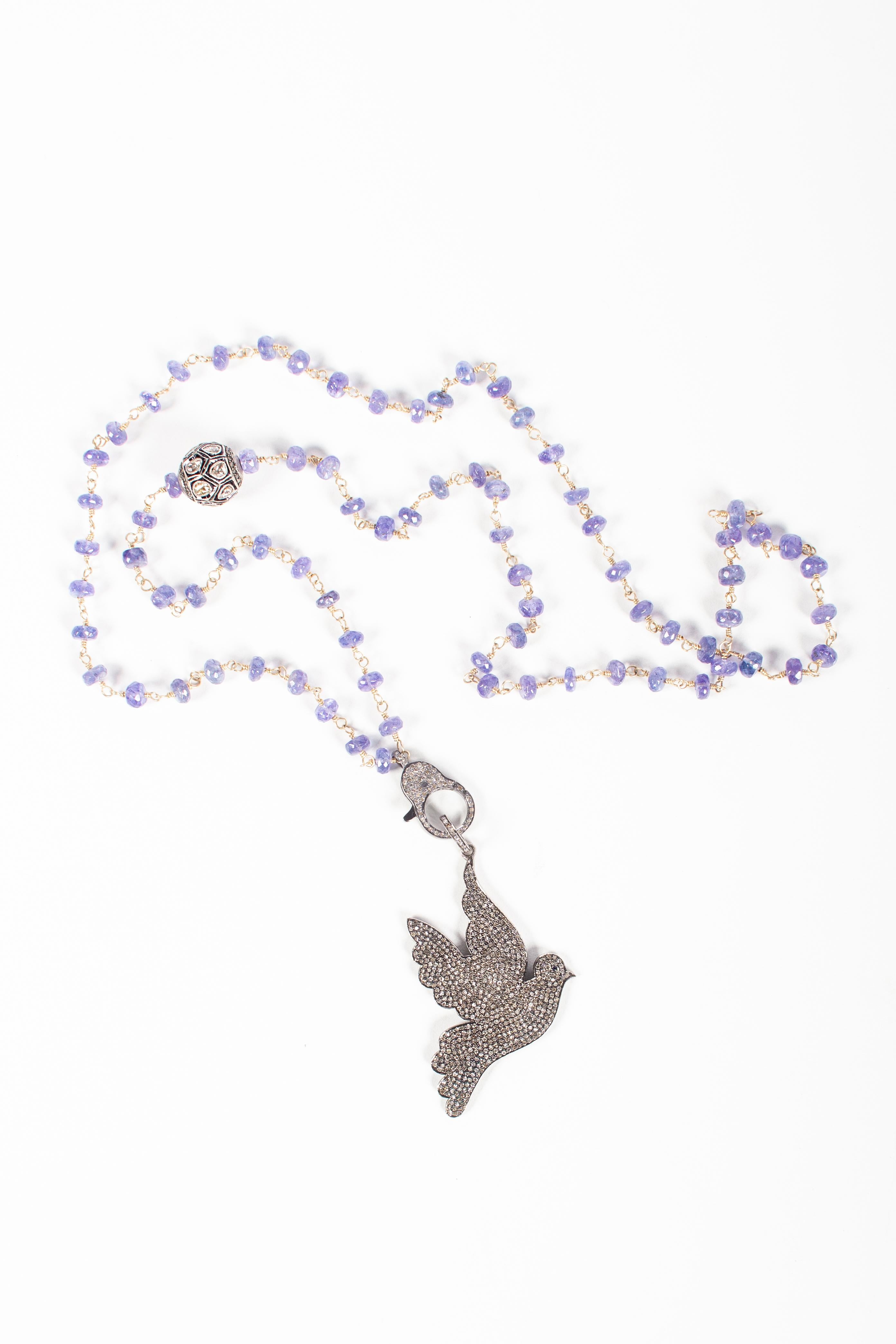 Contemporary Clarissa Bronfman Blue Garnet Diamond Dove Wired Beaded Necklace