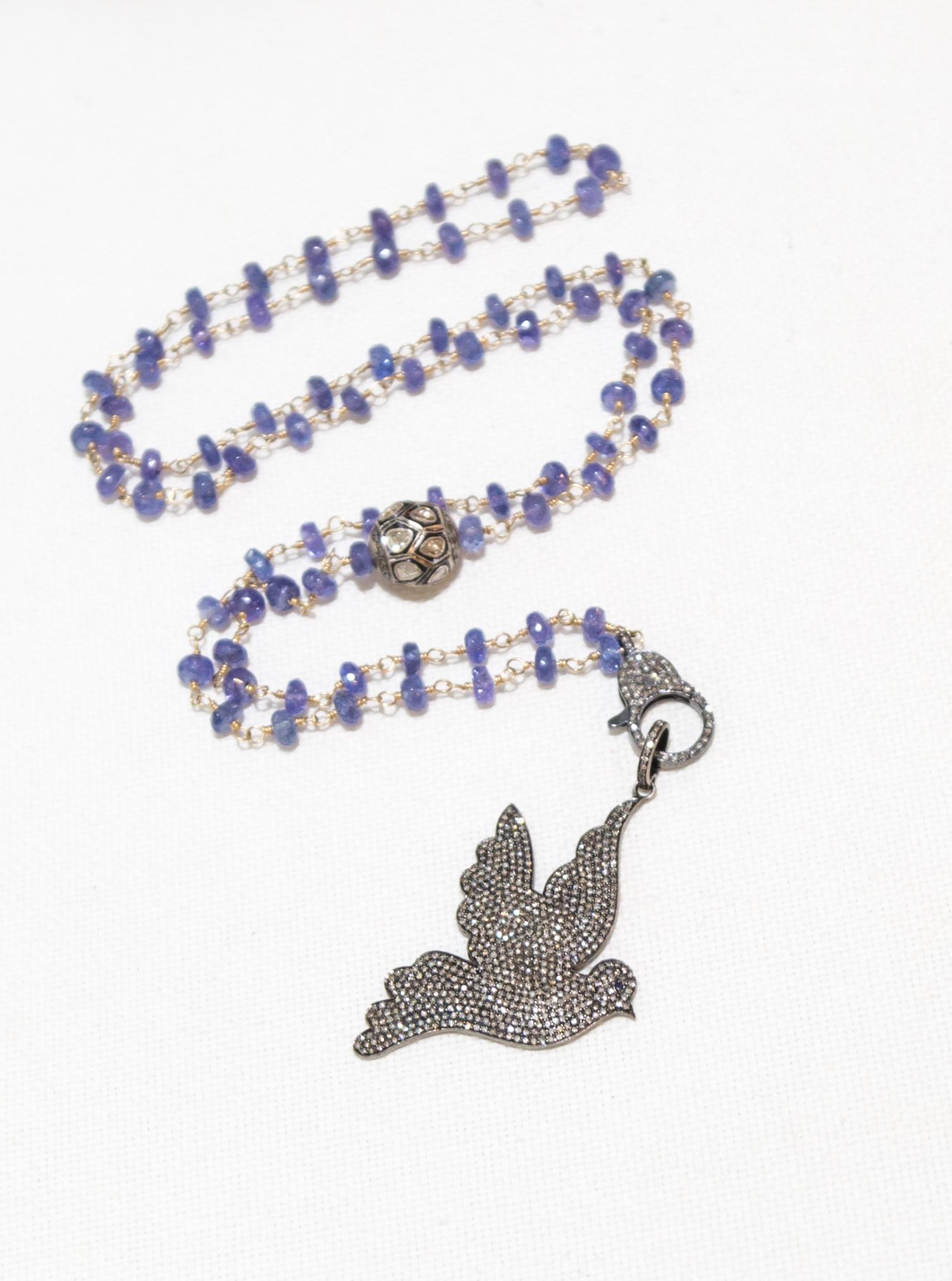 Rose Cut Clarissa Bronfman Blue Garnet Diamond Dove Wired Beaded Necklace