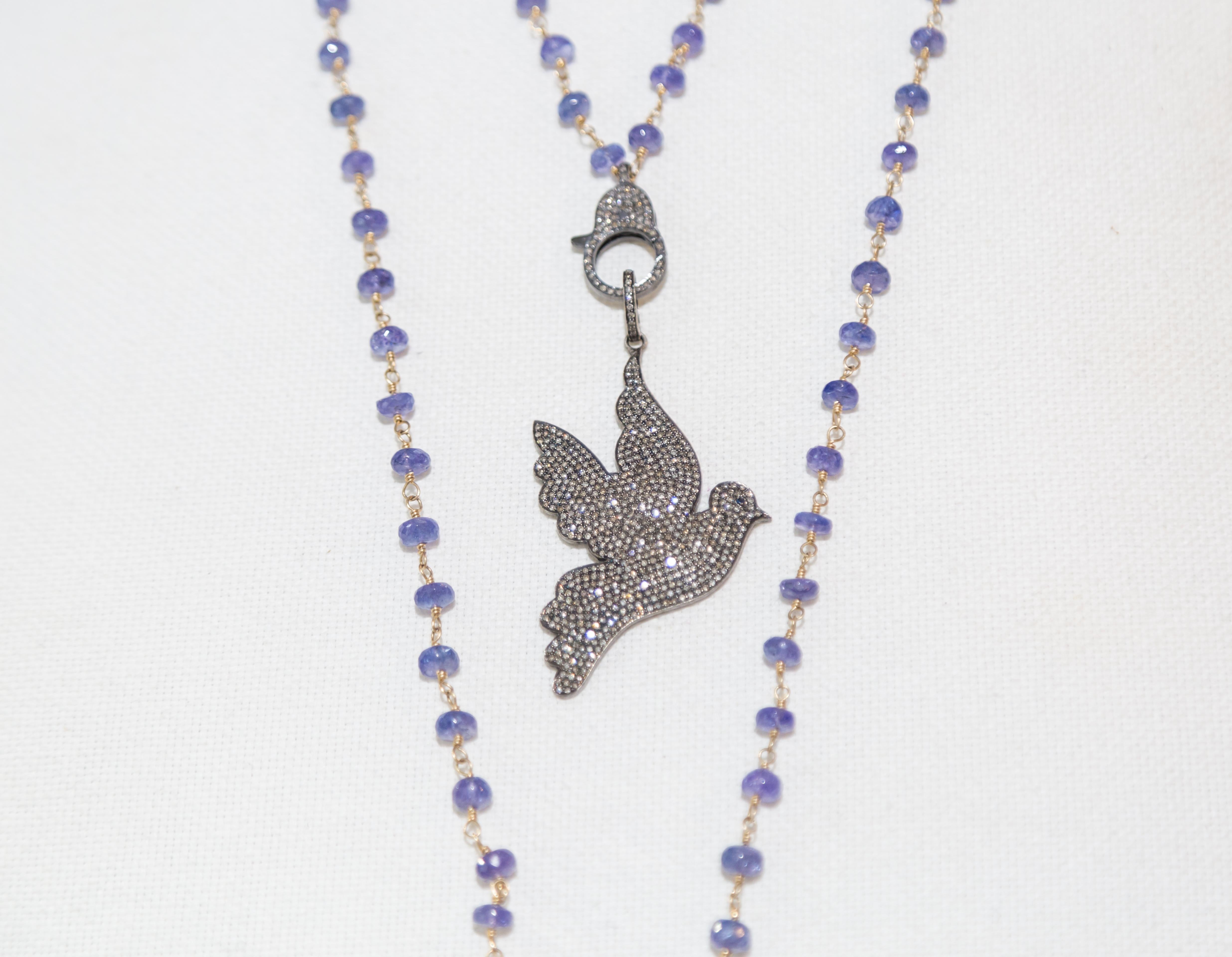 Clarissa Bronfman Blue Garnet Diamond Dove Wired Beaded Necklace In New Condition In New York, NY