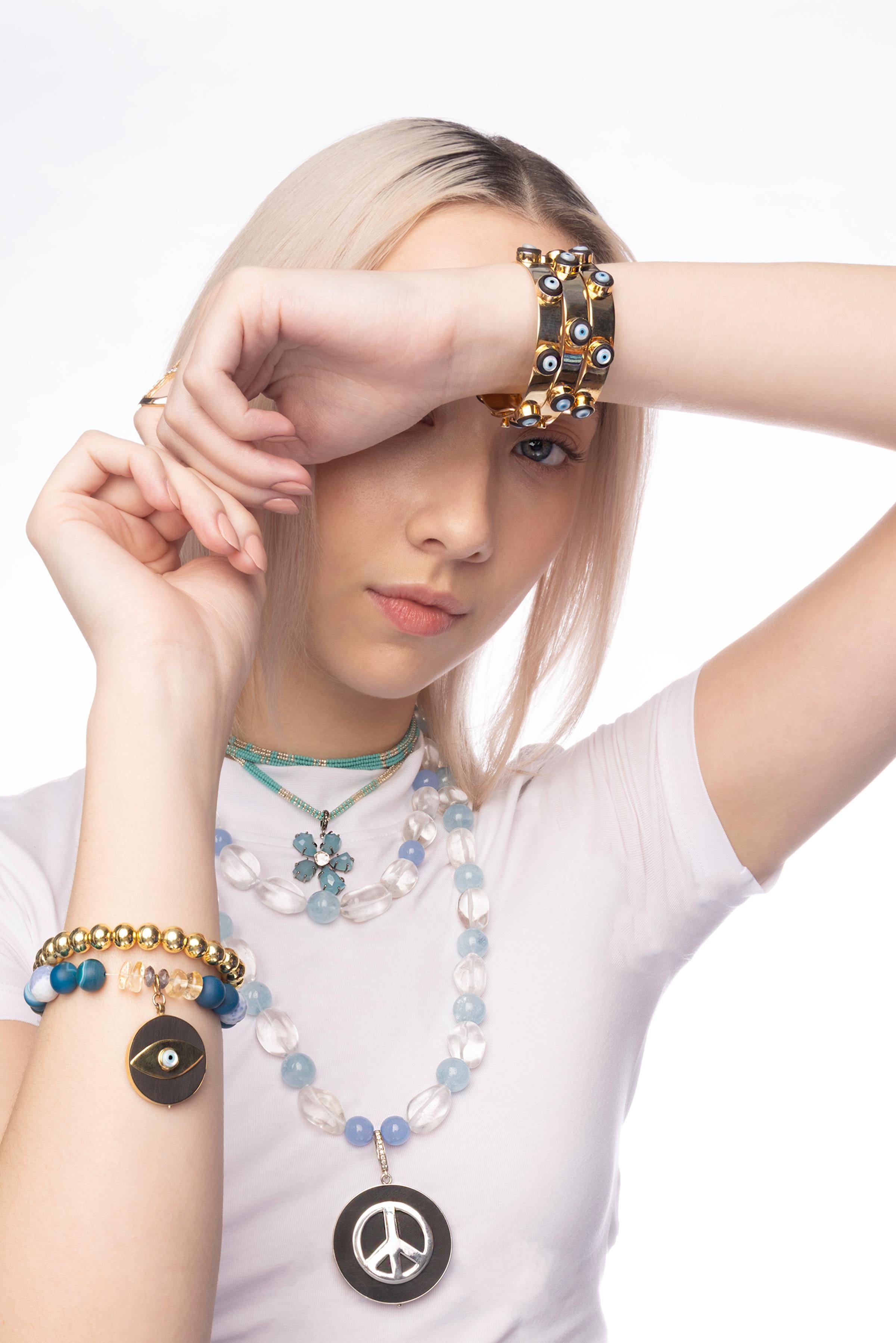 Mixed Cut CLARISSA BRONFMAN Blue Multi Beaded Ebony Gold Tiger's Eye Evil Eye Bracelet For Sale