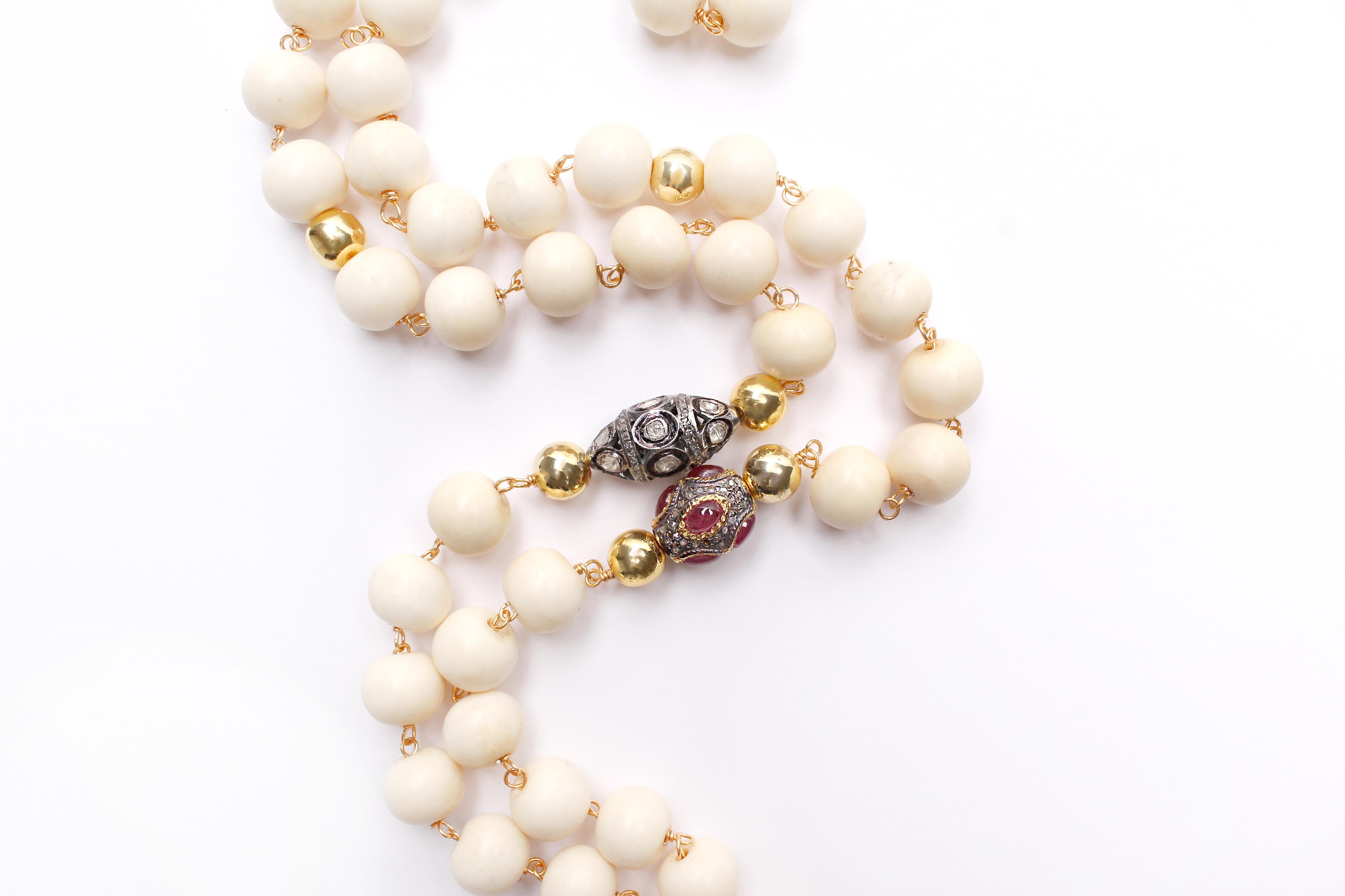 Clarissa Bronfman Bone 14k Gold Malachite Diamond Mushroom Ebony Pendant Rosary In New Condition In New York, NY
