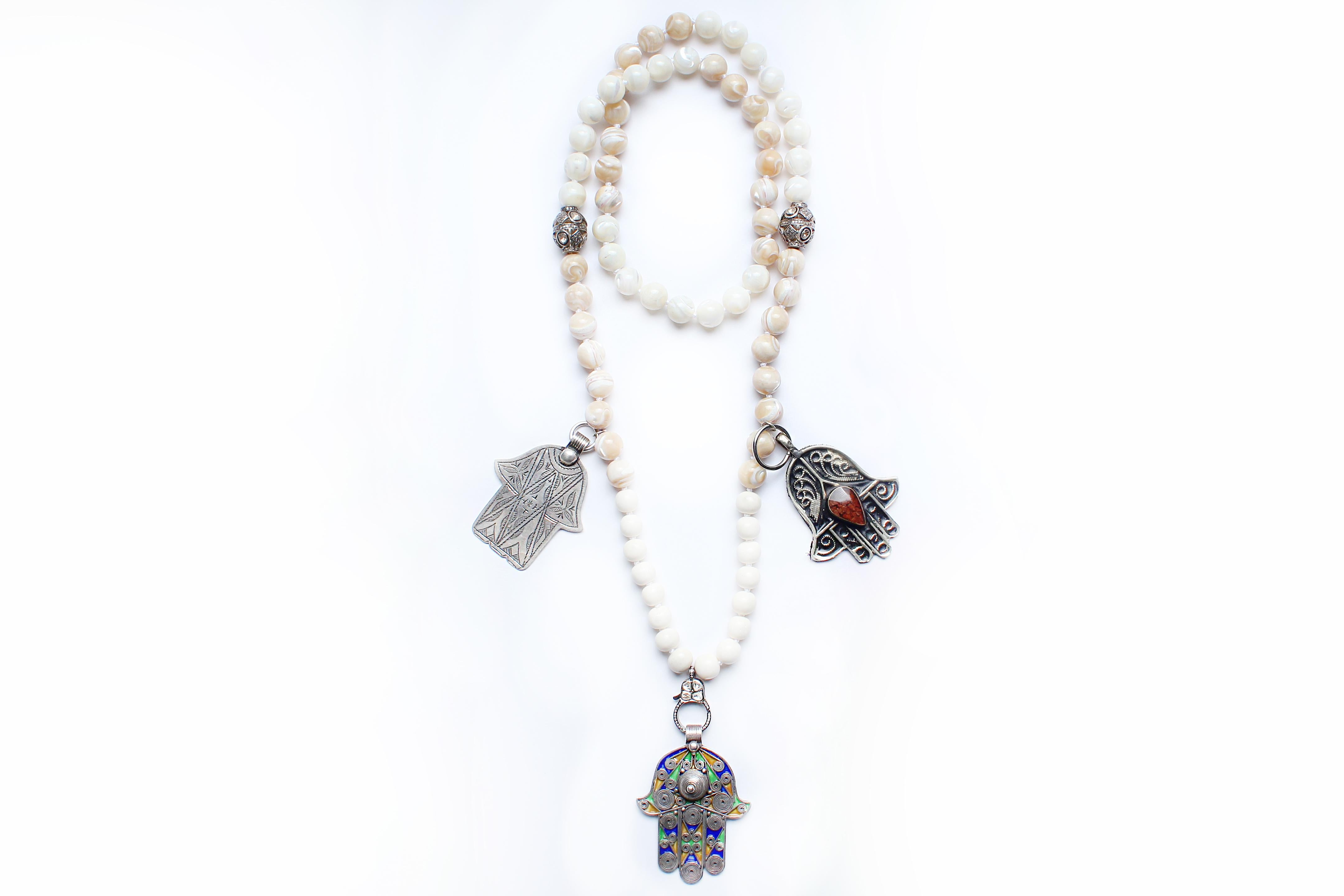 Clarissa Bronfman  Antique Moroccan Hamsa Hand Moonstone Diamond Beaded Necklace In New Condition In New York, NY