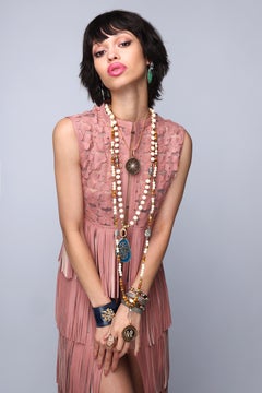 CLARISSA BRONFMAN Bone Diamond Ruby Gold Rosary & Sapphire Polki Flower Pendant