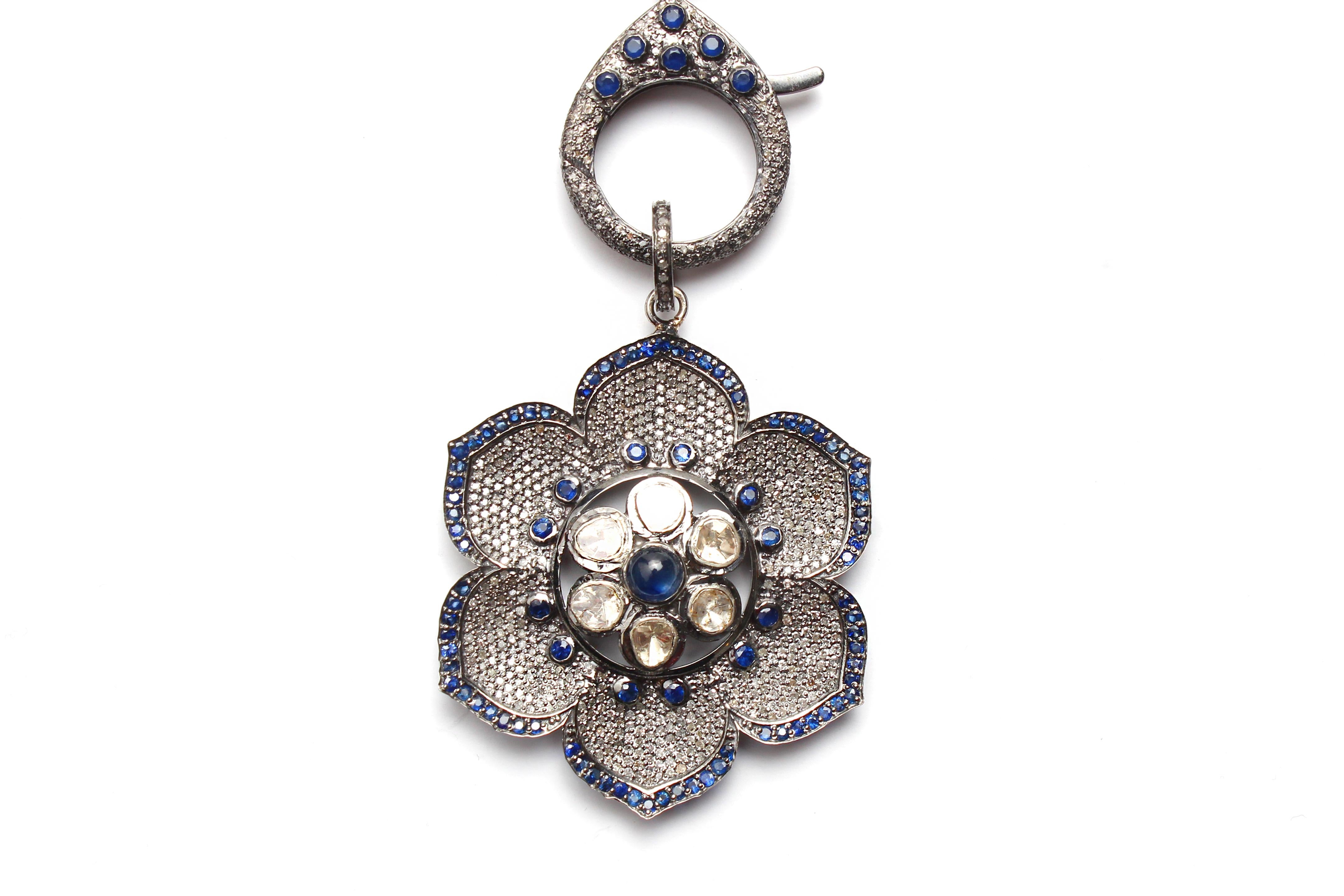 CLARISSA BRONFMAN Bone Diamond Ruby Gold Rosary & Sapphire Polki Flower Pendant In New Condition For Sale In New York, NY