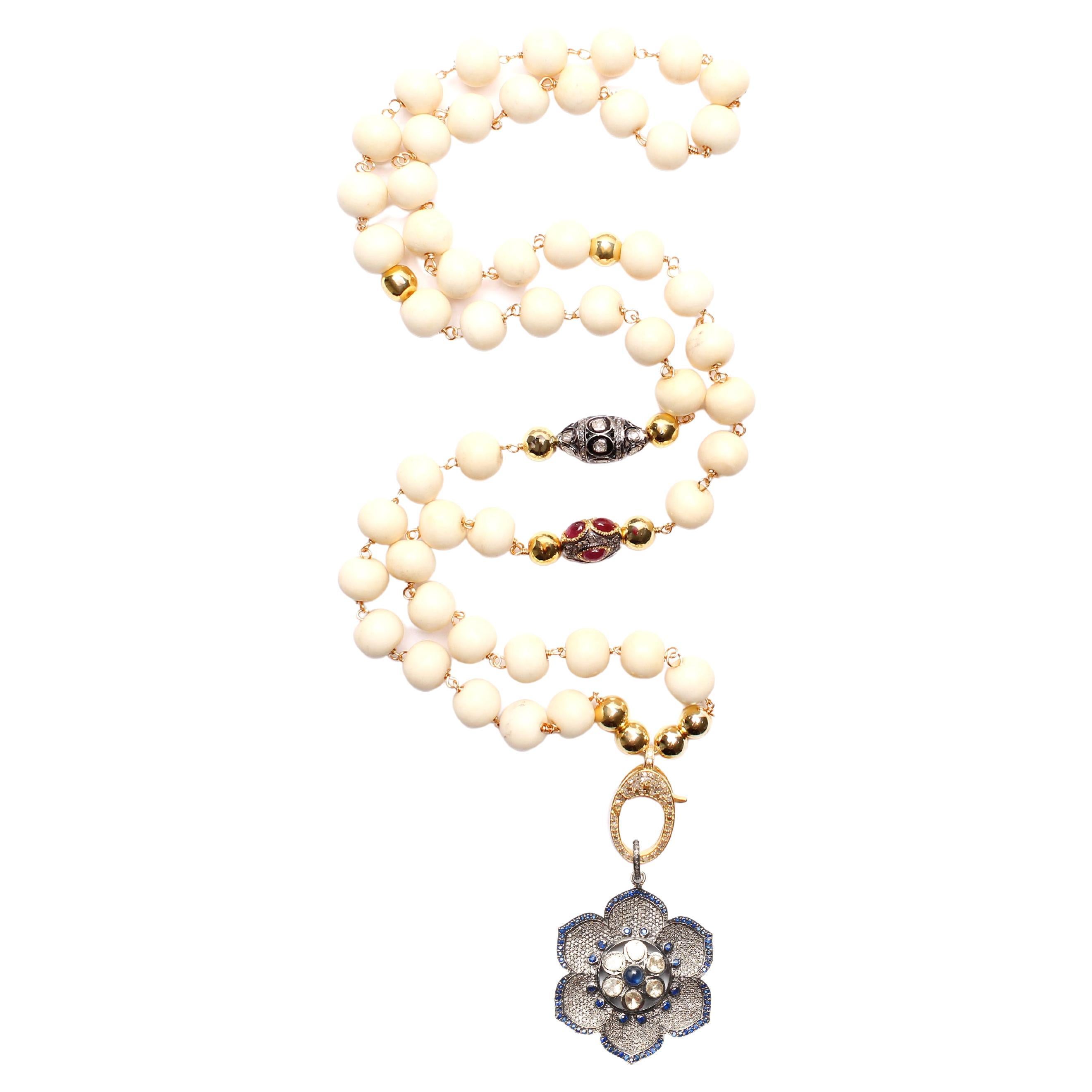 CLARISSA BRONFMAN Bone Diamond Ruby Gold Rosary & Sapphire Polki Flower Pendant For Sale