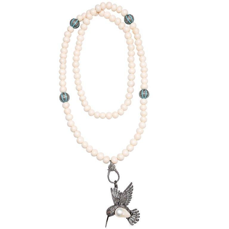 Contemporary Clarissa Bronfman Bone, Diamond, Turquoise, Pearl 'Love Bird' Beaded Necklace