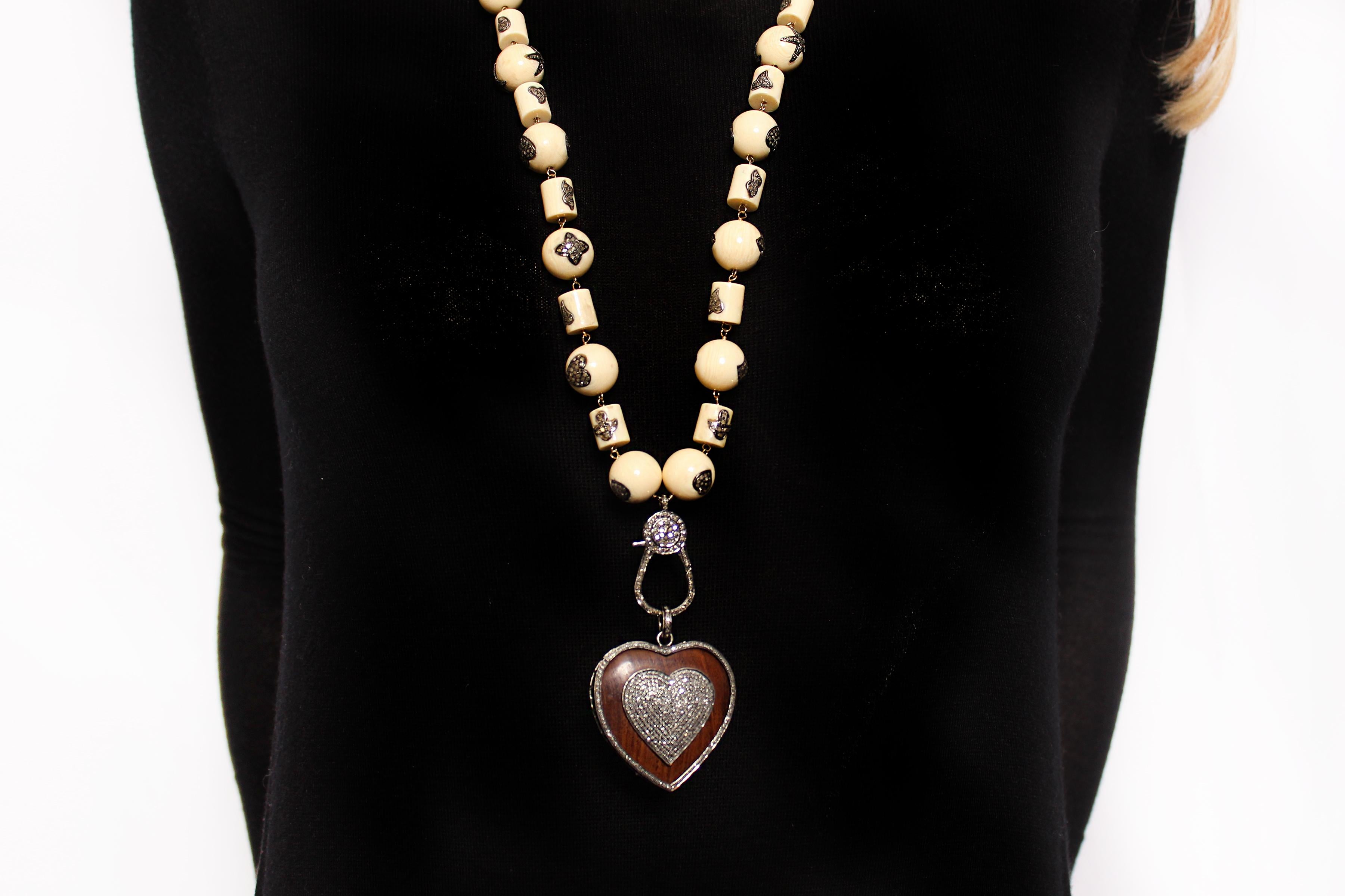 Contemporary Clarissa Bronfman Bone, Ebony, Diamond Heart Beaded Necklace