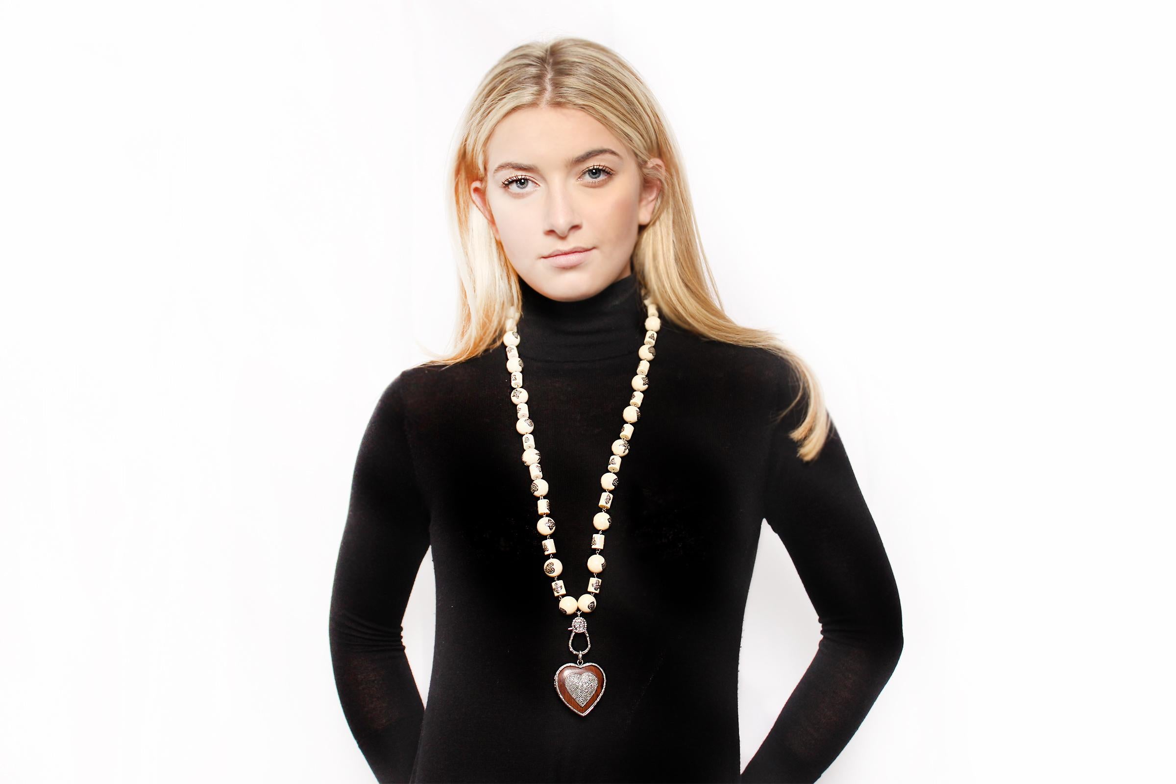 Clarissa Bronfman Bone, Ebony, Diamond Heart Beaded Necklace In New Condition In New York, NY