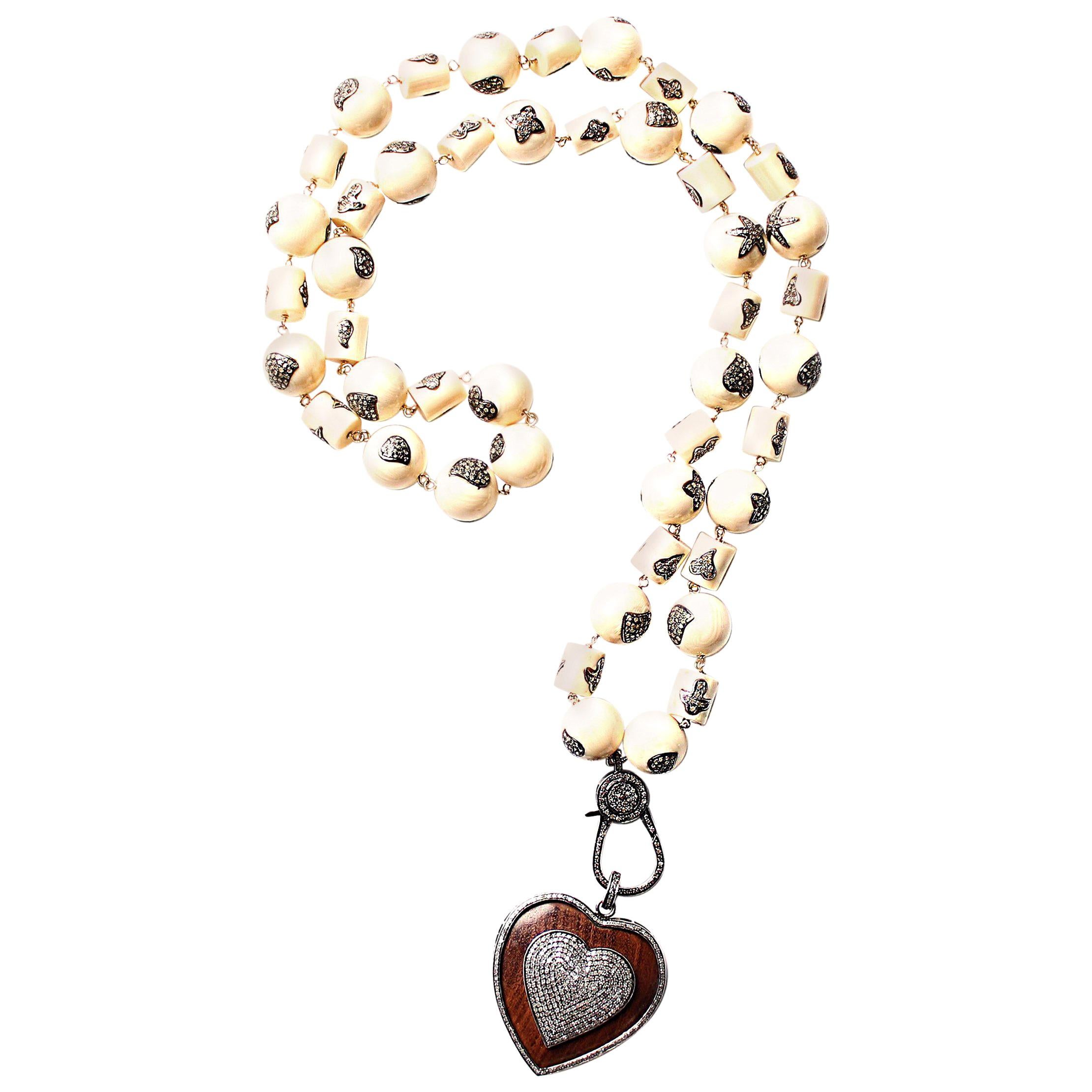 Clarissa Bronfman Bone, Ebony, Diamond Heart Beaded Necklace