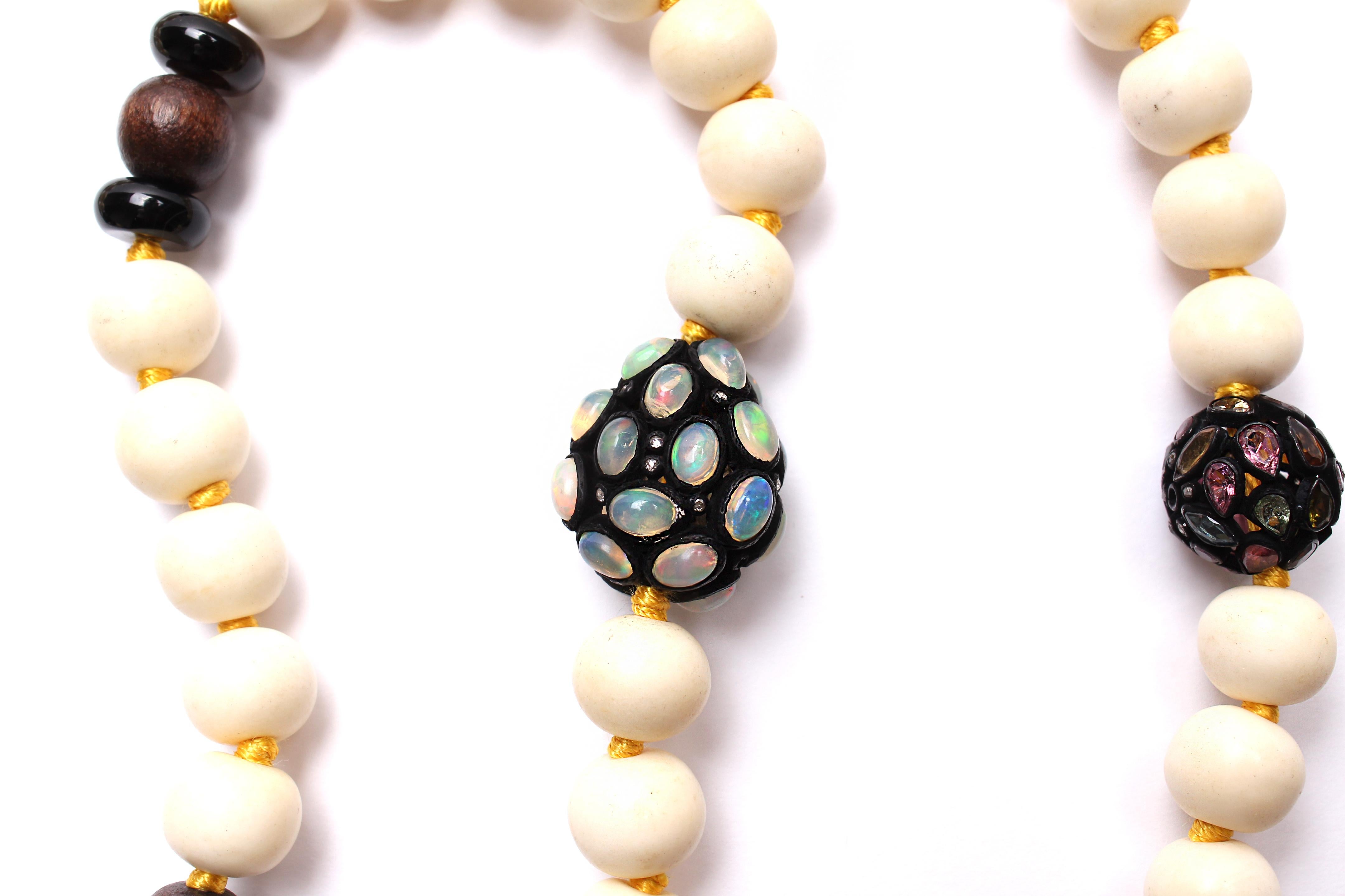 Mixed Cut Clarissa Bronfman Bone Opal Tourmaline Beaded Necklace & Diamond Wing Pendant For Sale