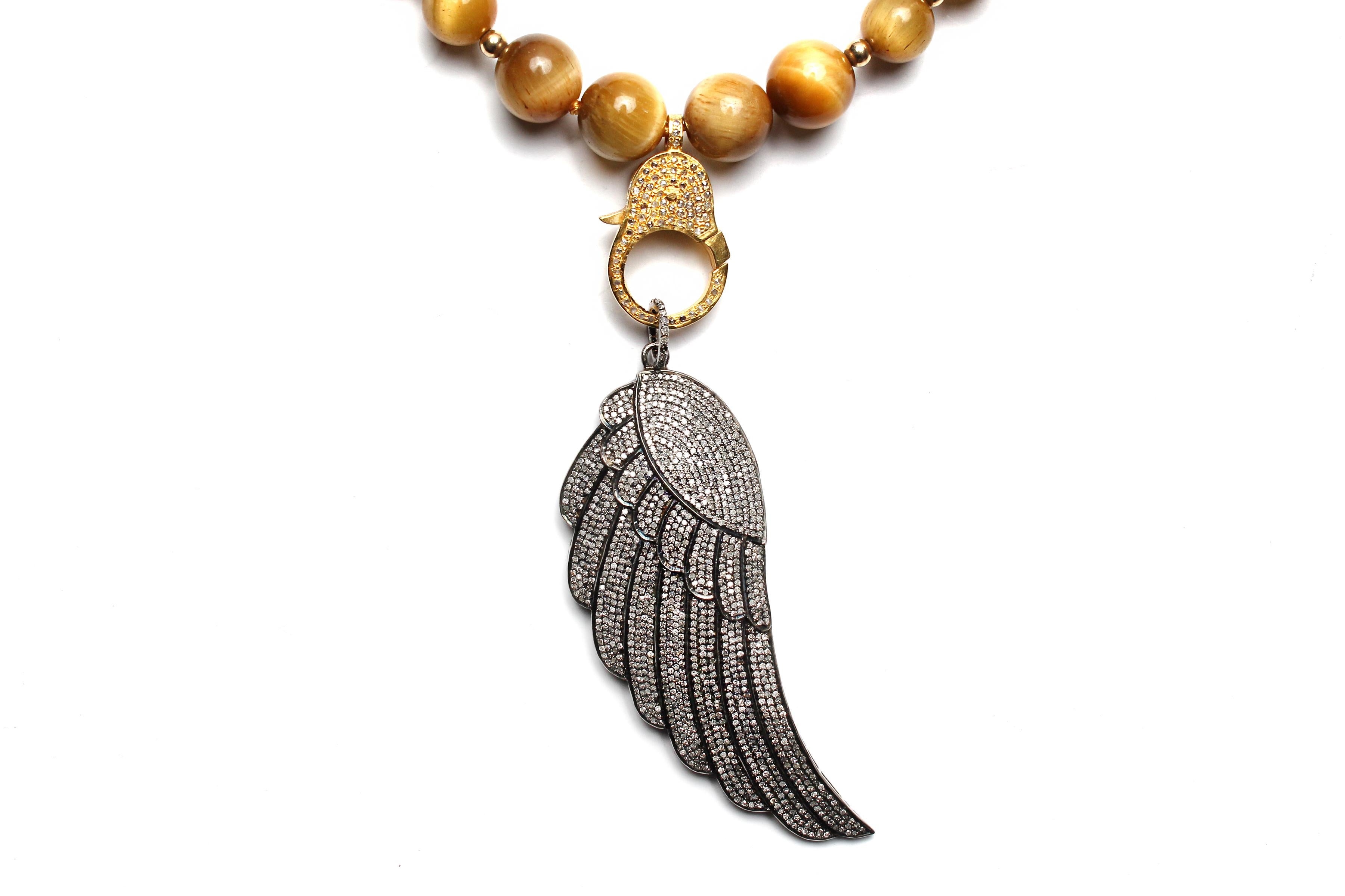Clarissa Bronfman Bone Opal Tourmaline Beaded Necklace & Diamond Wing Pendant For Sale 1