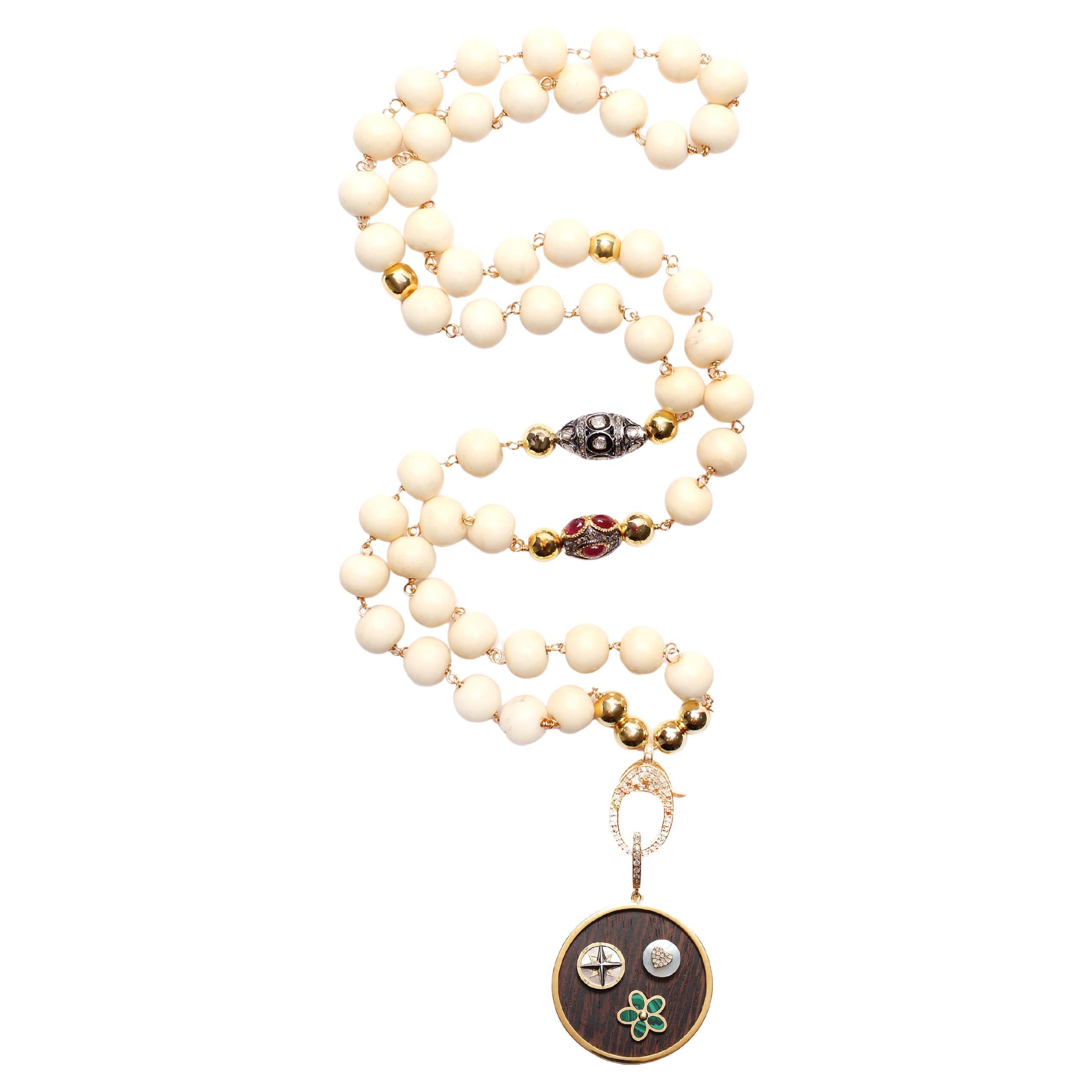CLARISSA BRONFMAN Collier Os Rubis Or & Pendentif 3 breloques Malachite Diamant en vente