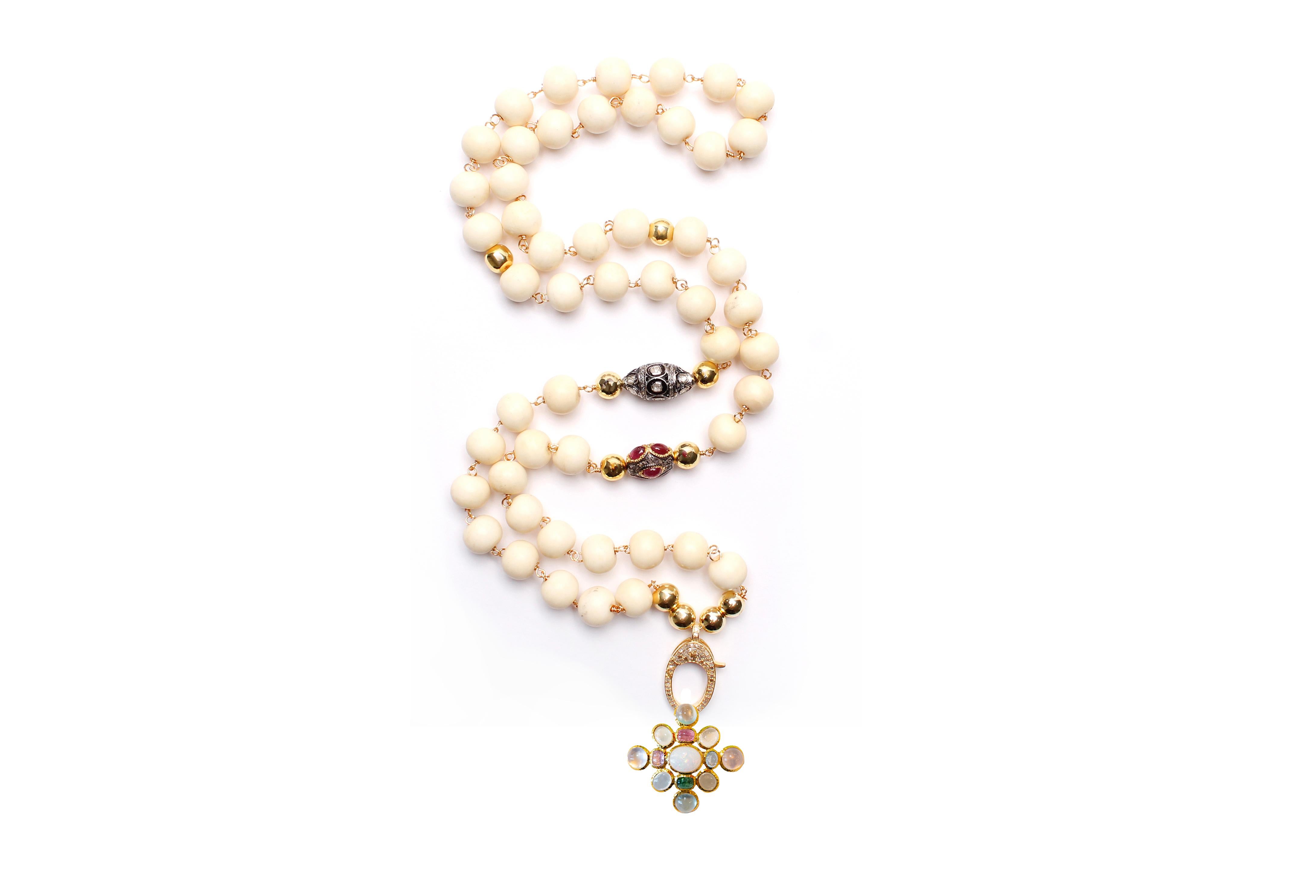 CLARISSA BRONFMAN Bone Ruby Polki Diamond Rosary & Opal Quartz Capri Pendant  For Sale 4