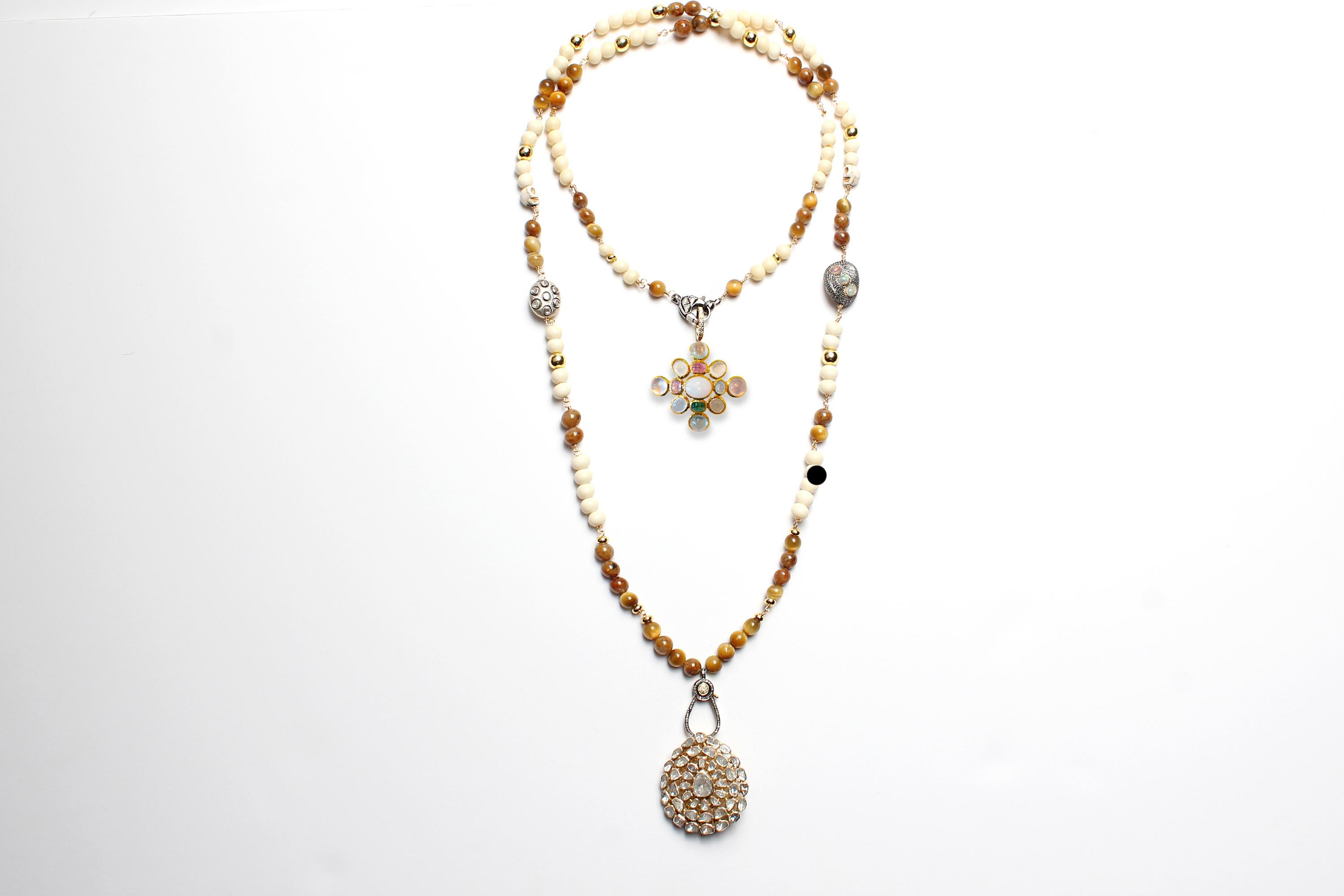 Mixed Cut CLARISSA BRONFMAN Bone Tigers Eye Polki Opal Diamond Gold Carmen Rosary Necklace For Sale