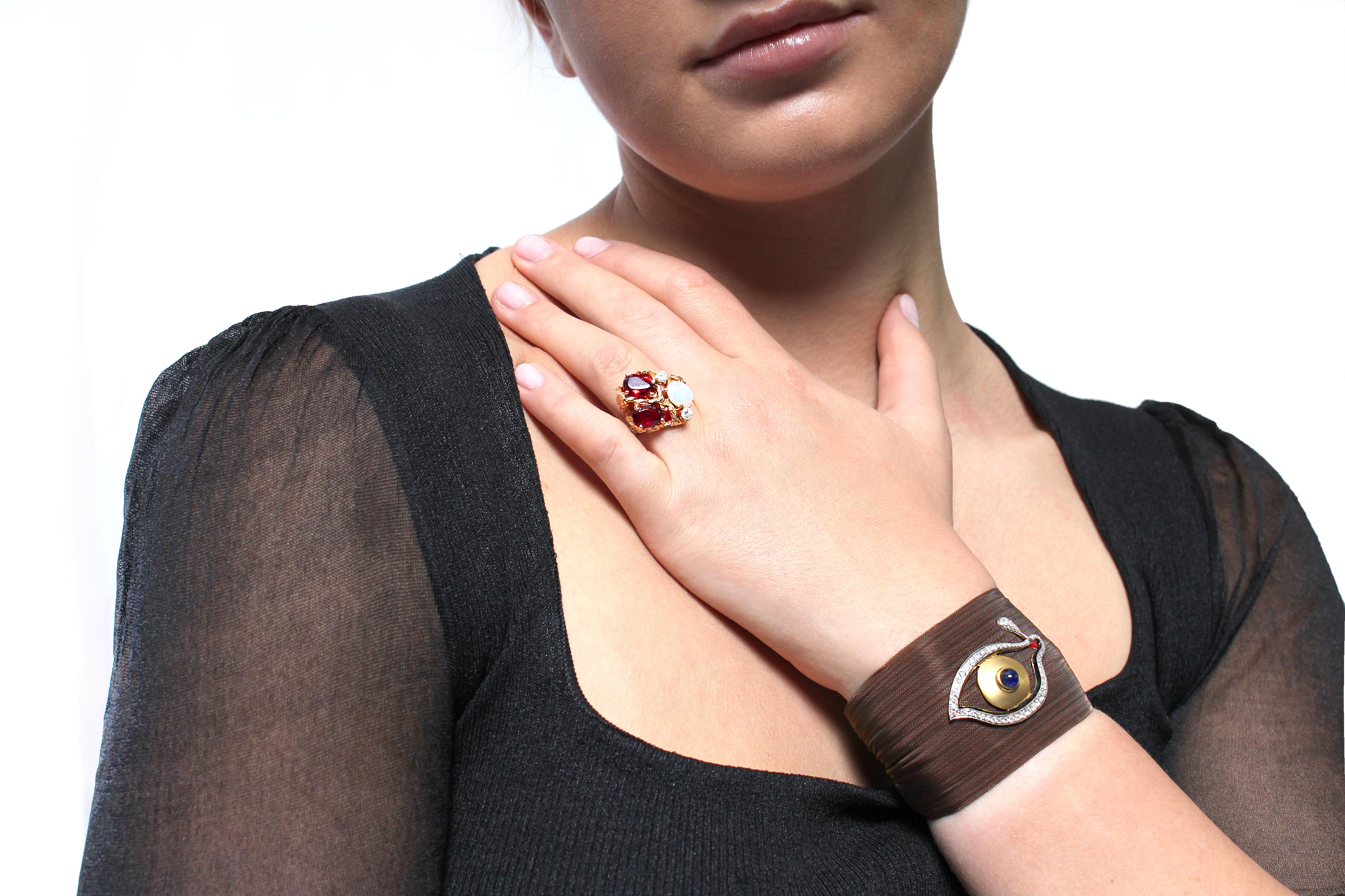 Contemporary Clarissa Bronfman Bronze Diamond and Sapphire 'Dali Eye Mesh Bracelet' 