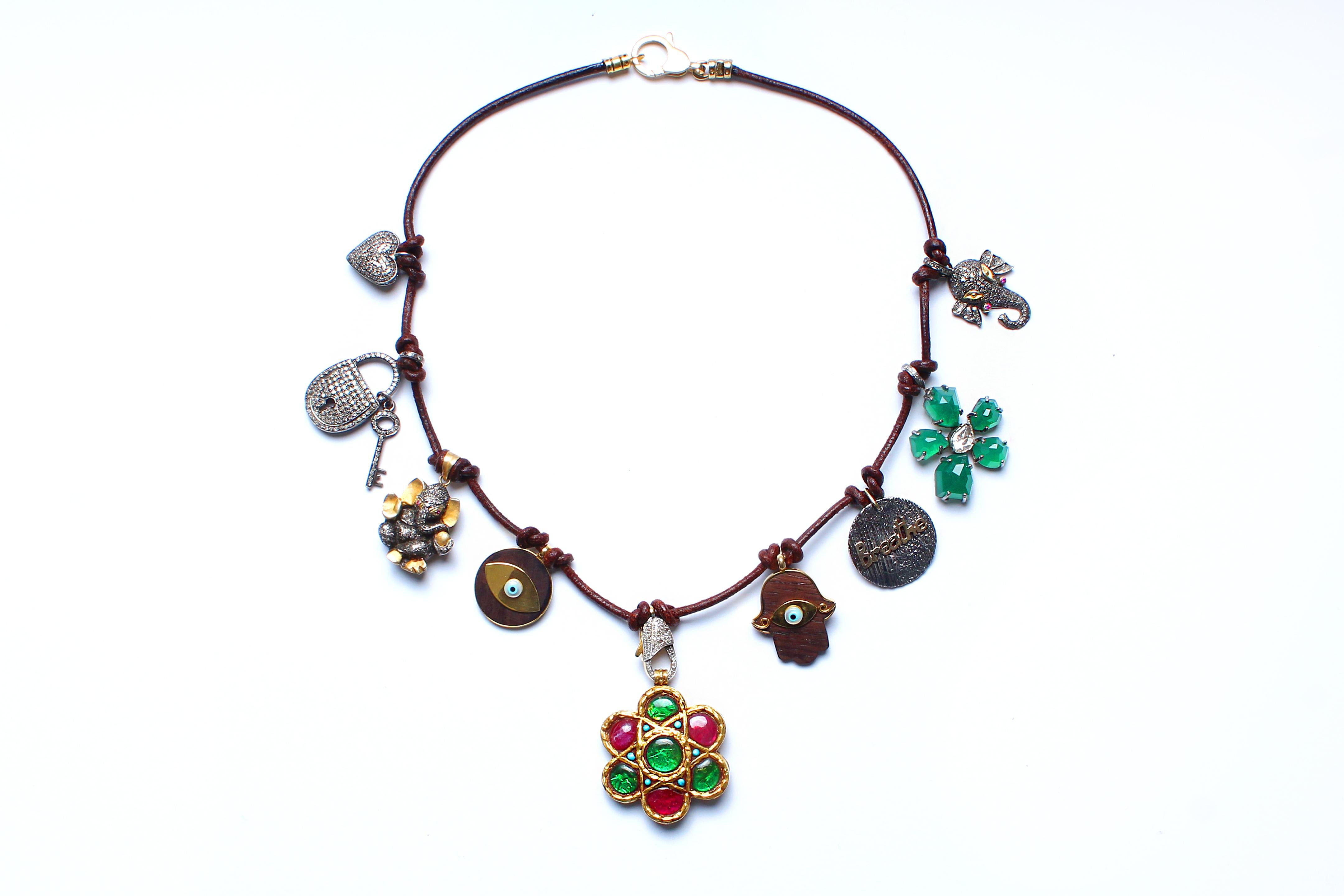 Rose Cut Clarissa Bronfman Brown Leather Charm Necklace