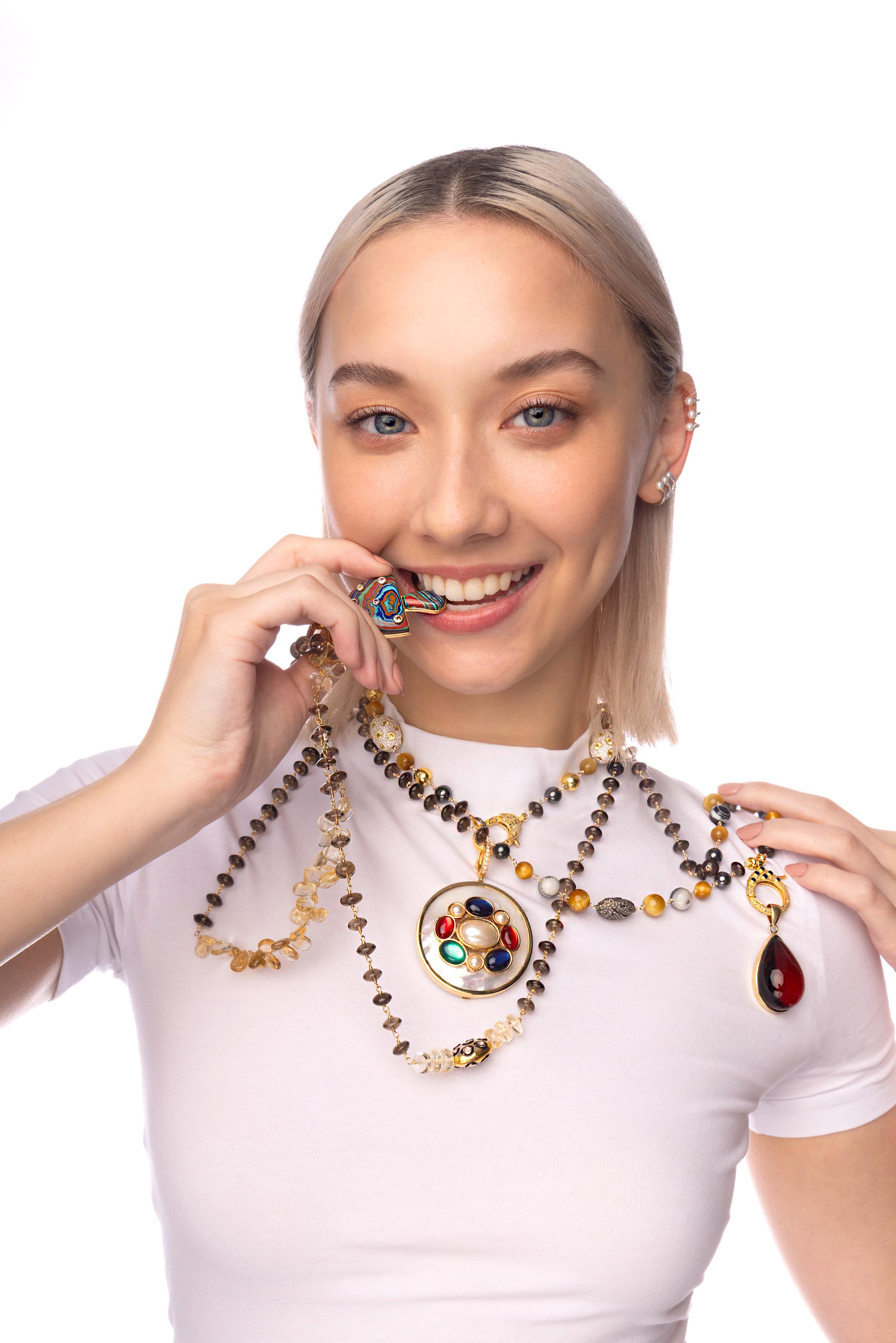 CLARISSA BRONFMAN Brown Quartz Diamond Necklace & Wood Diamond Horn Pendant For Sale 1