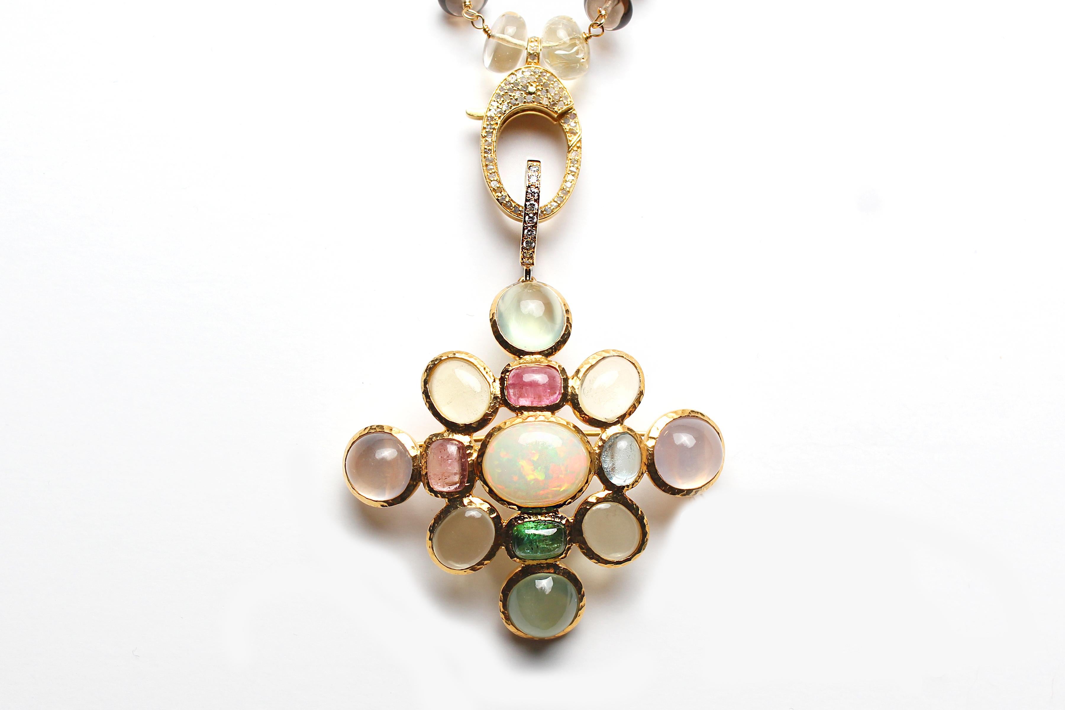 CLARISSA BRONFMAN Brown Quartz Gold Polki Diamond Rosary & Capri Opal Pendant For Sale 3