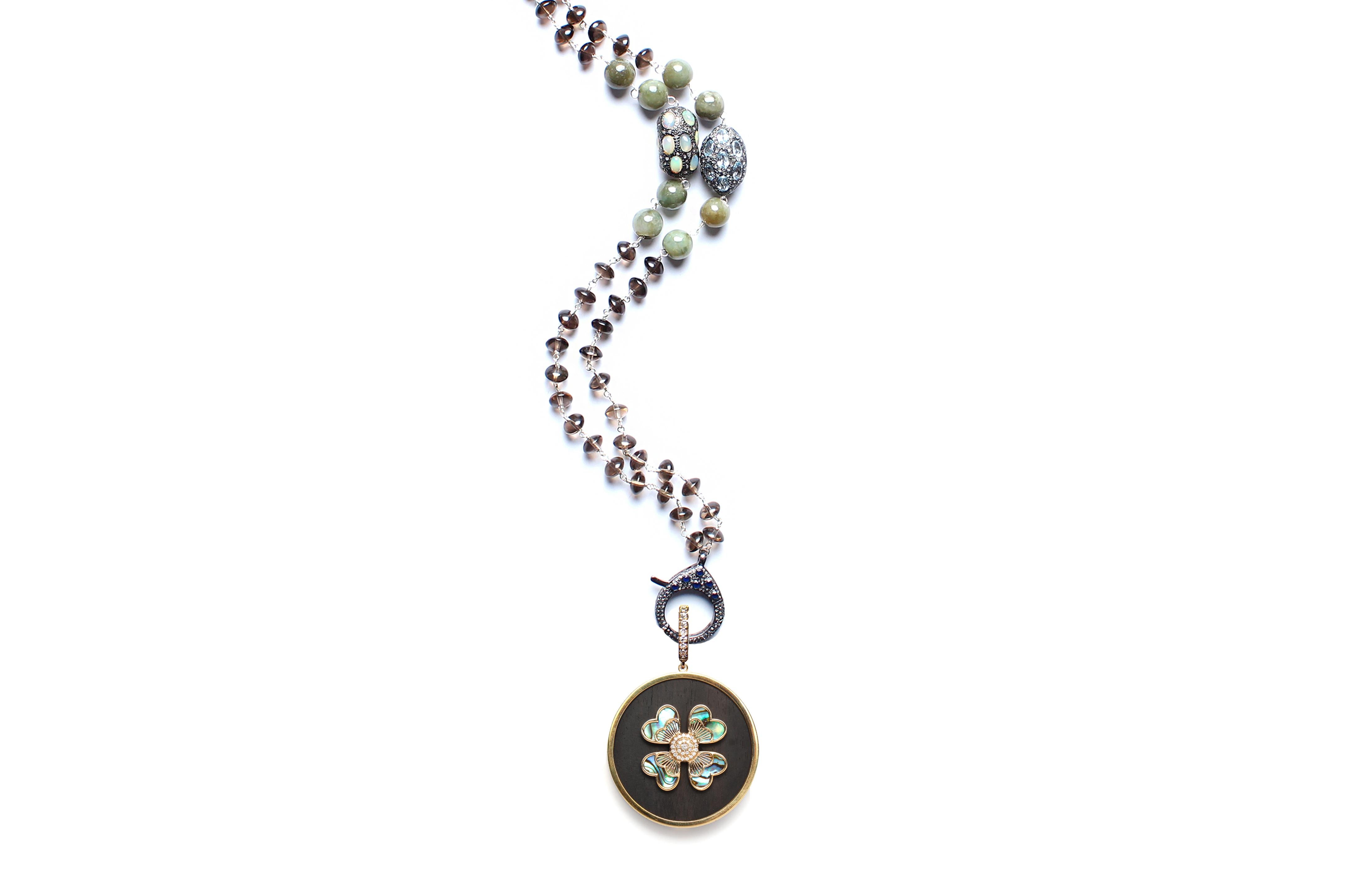 Mixed Cut Clarissa Bronfman Brown Quartz Opal Diamond Rosary & 14k Gold Ebony Clover Charm