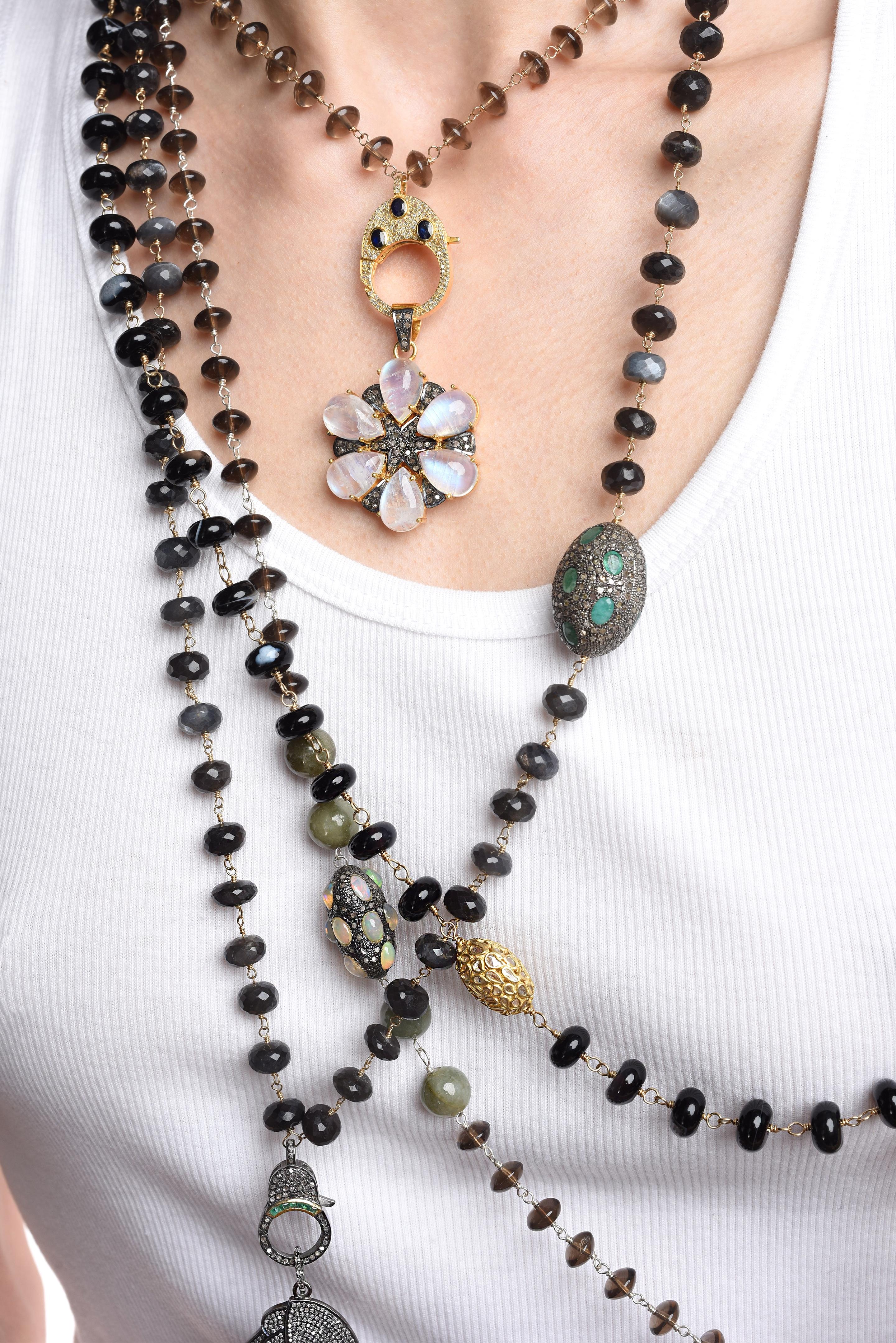 Clarissa Bronfman Brown Quartz Opal Diamond Rosary & 14k Gold Ebony Clover Charm In New Condition In New York, NY