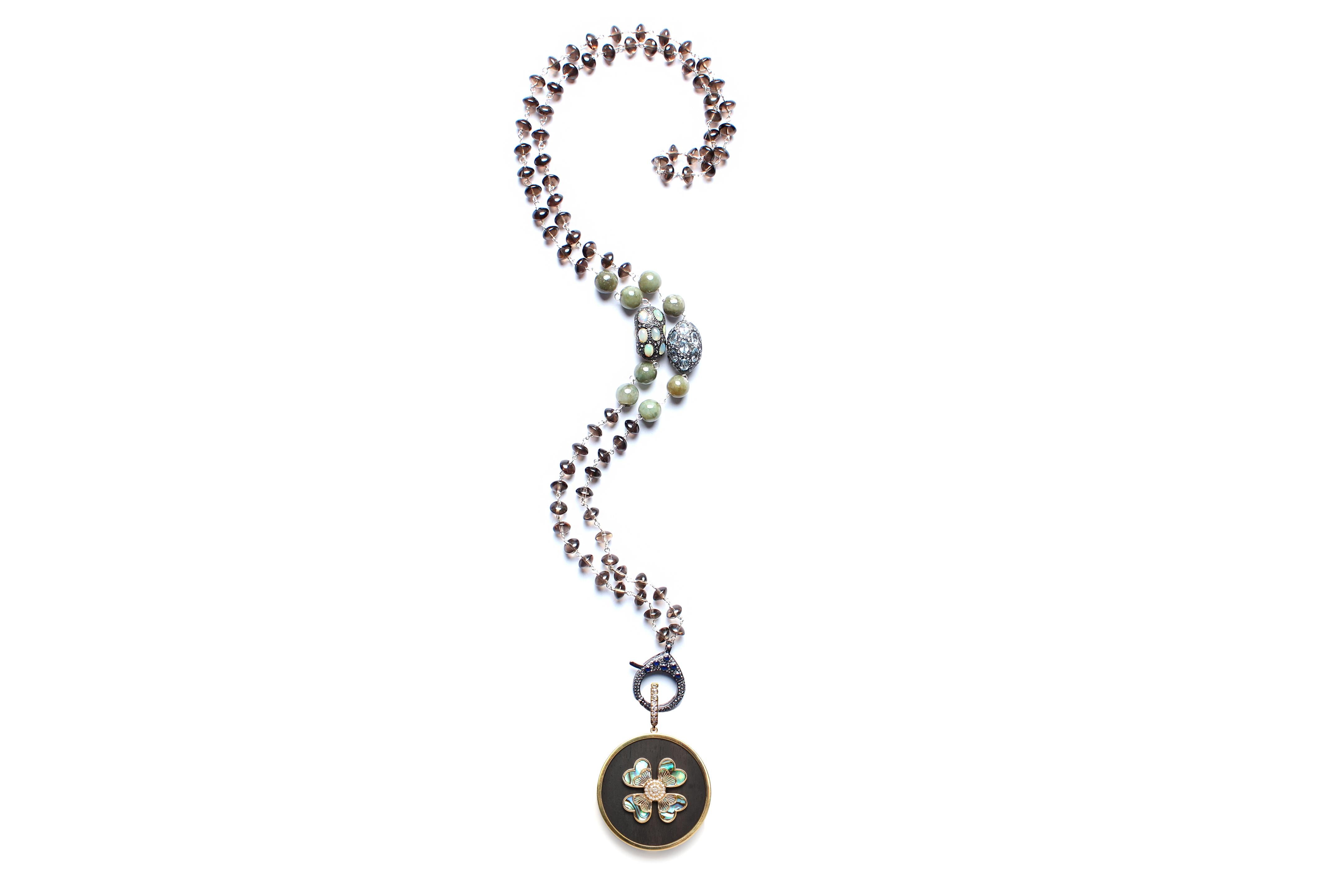 Women's or Men's Clarissa Bronfman Brown Quartz Opal Diamond Rosary & 14k Gold Ebony Clover Charm